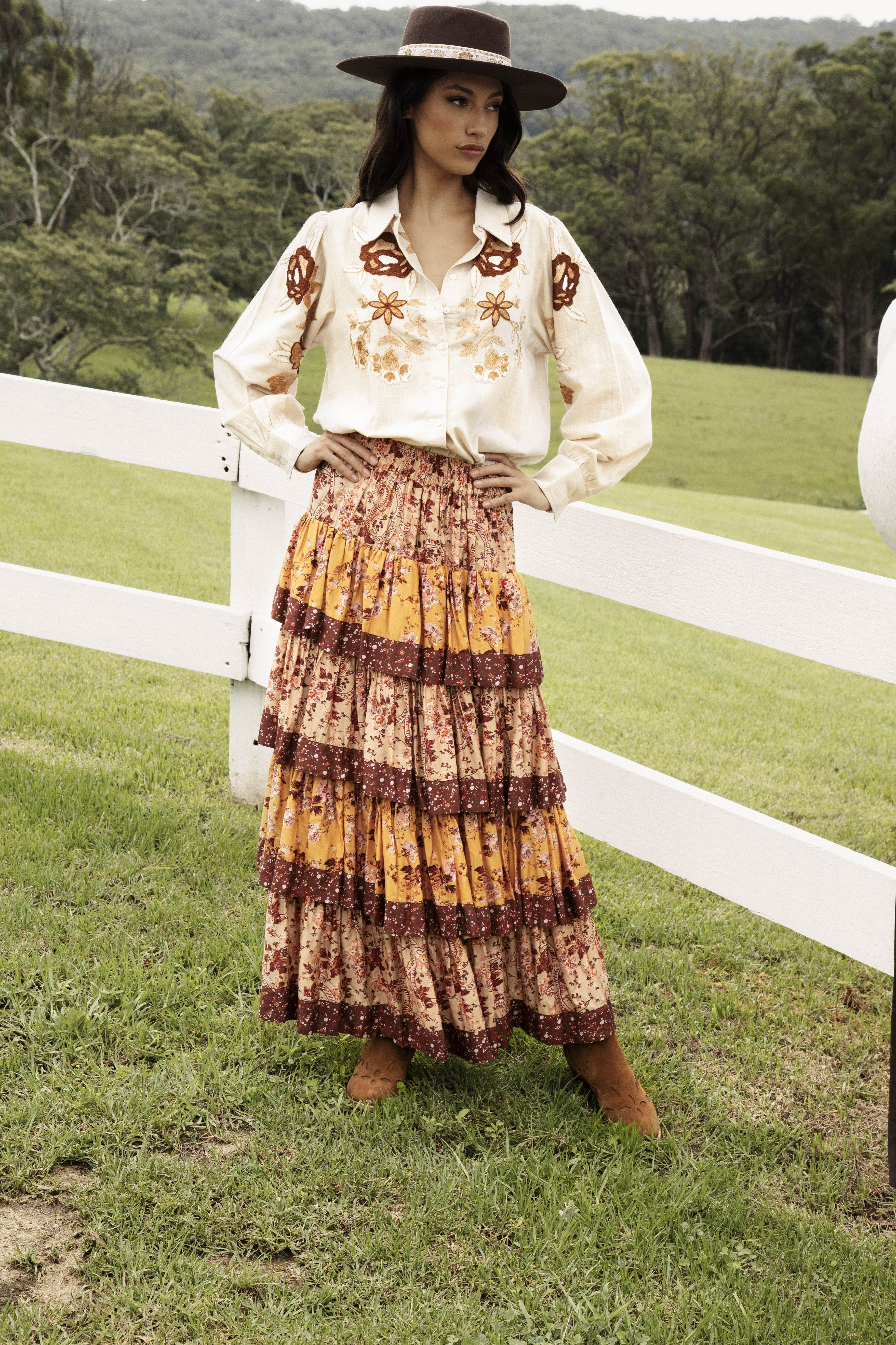 Silvana Skirt Wildflower Spice is a tiered maxi skirt featuring autumn tones