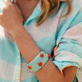 Sitara Cuff Bangle - statement boho bangle in blue colourway with vibrant coral coloured gems