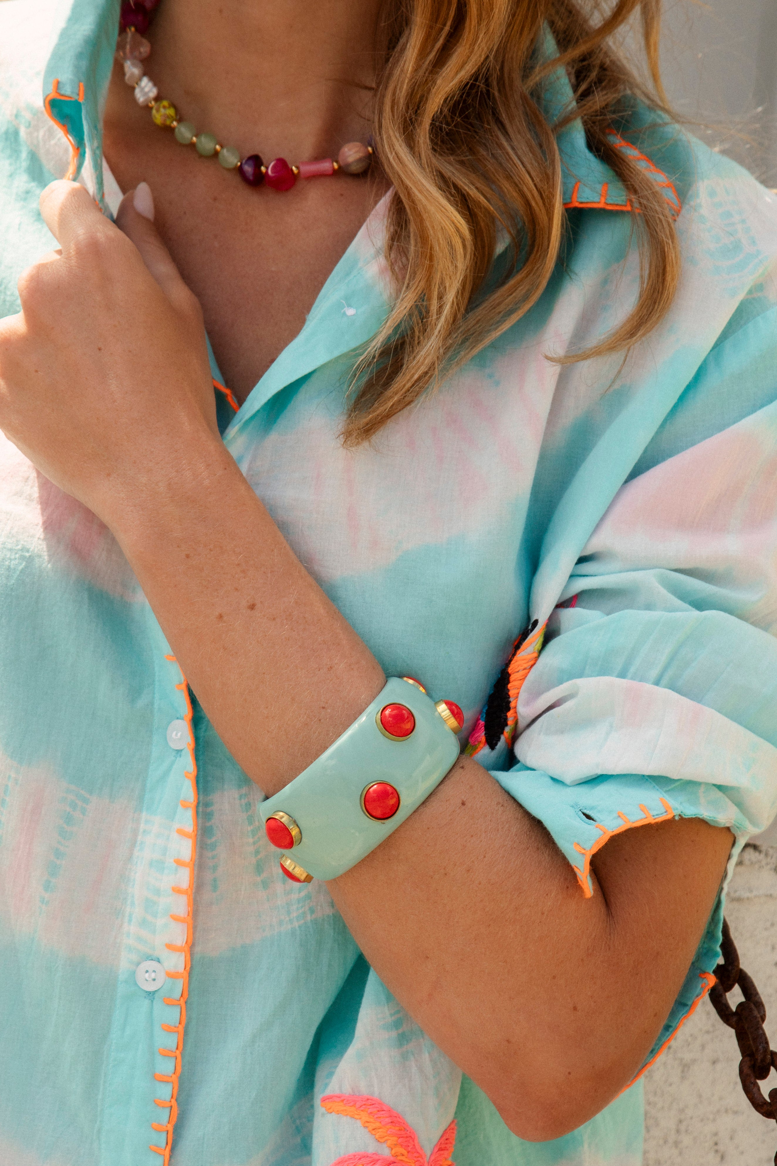Sitara Cuff Bangle - statement boho bangle in blue colourway with vibrant coral coloured gems