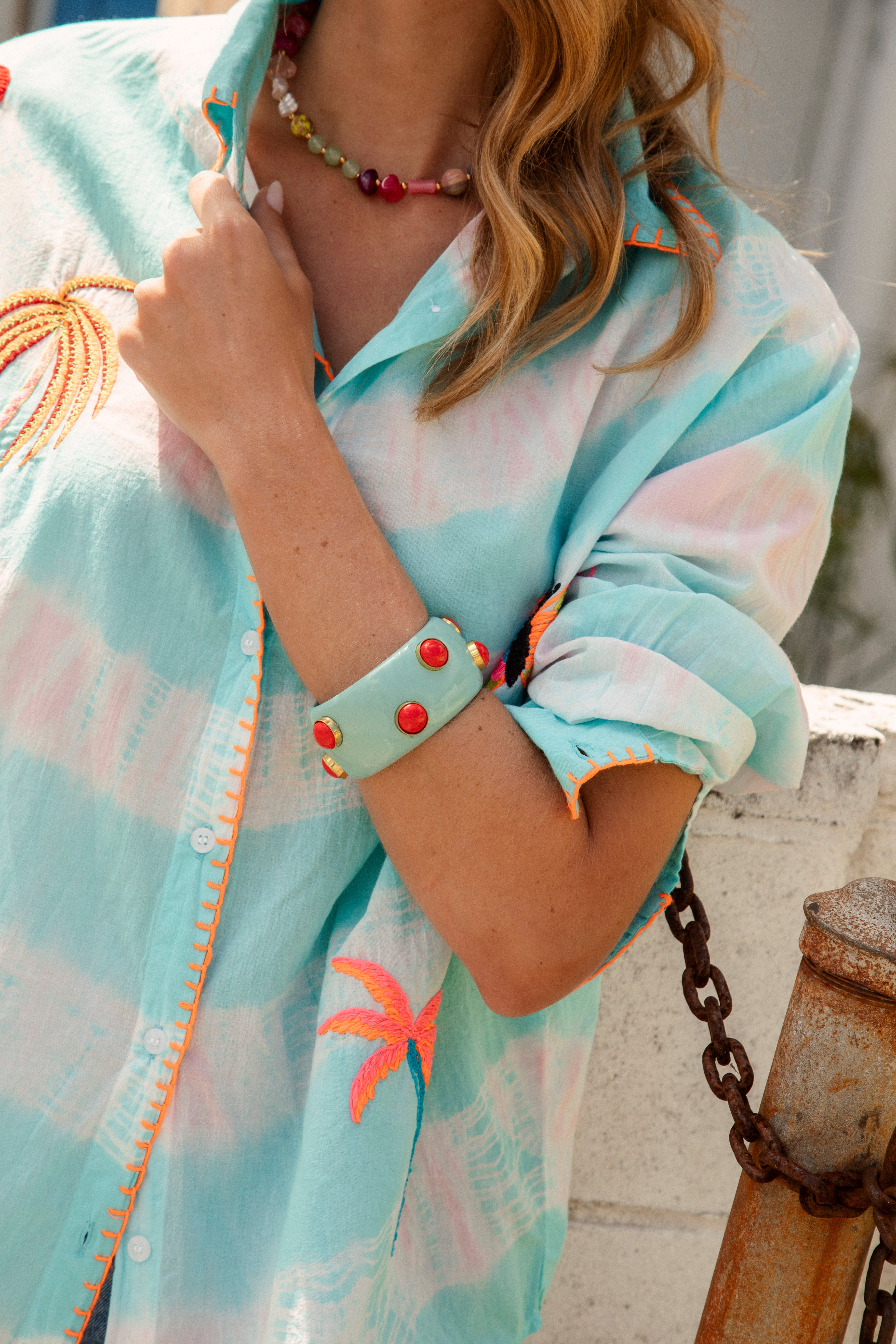 Sitara Cuff Bangle - chunky blue bangle featuring contrasting coral gems