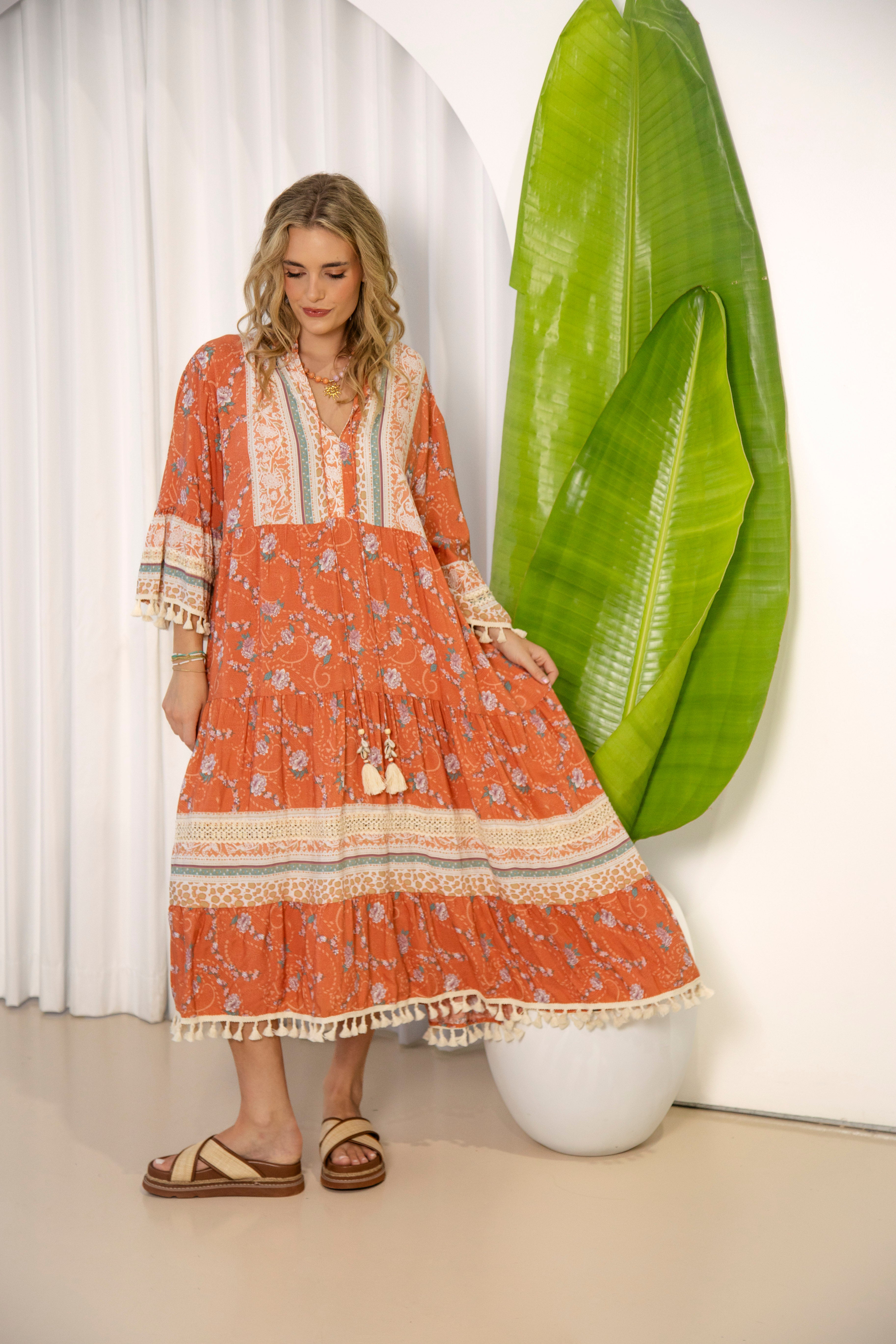 Soiree Midi Cinnamon is a one size Bohemian Dress in orange and cream colourway