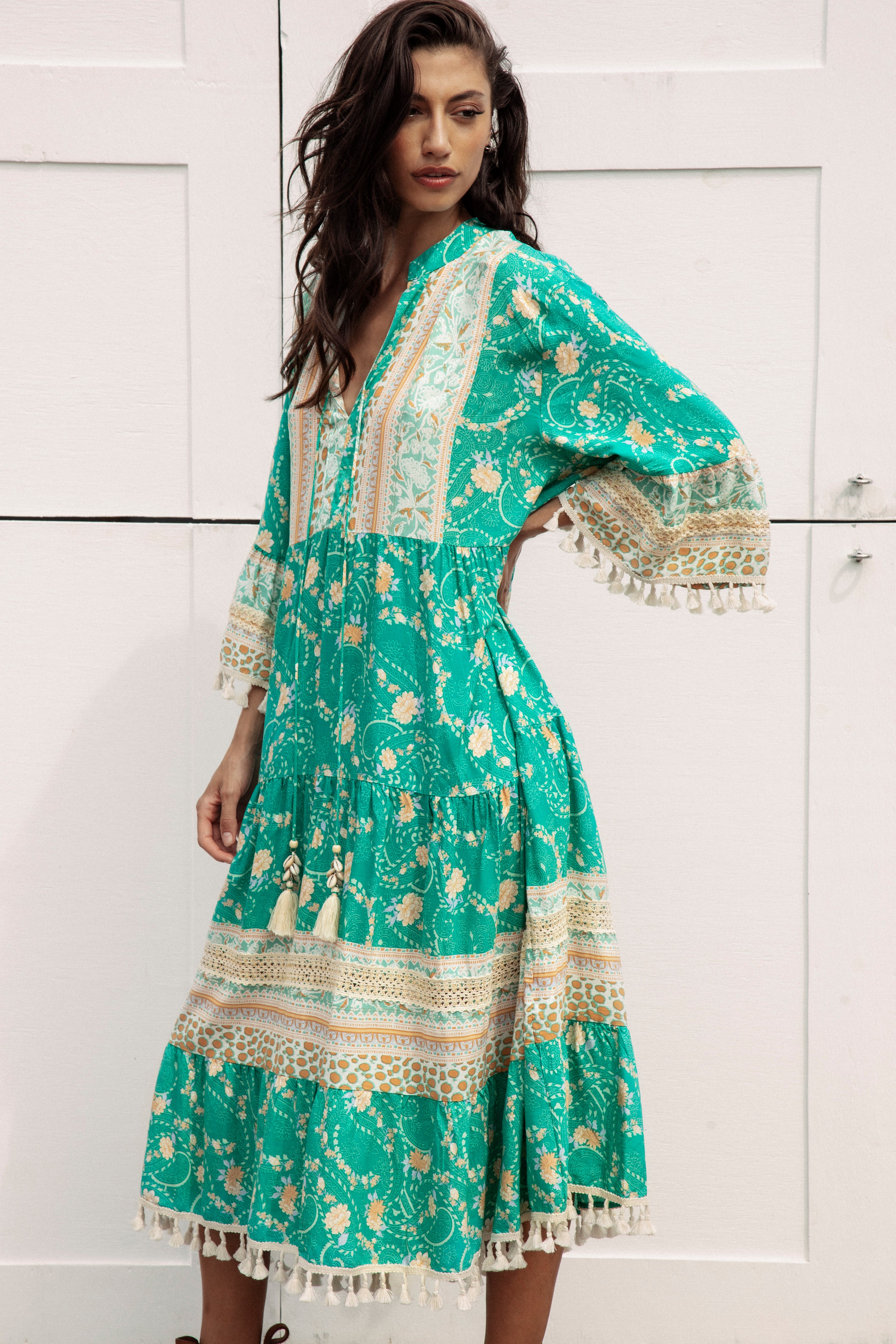 Soiree Midi Jewel. Stunning Bohemian style midi dress with pom pom and lace details.