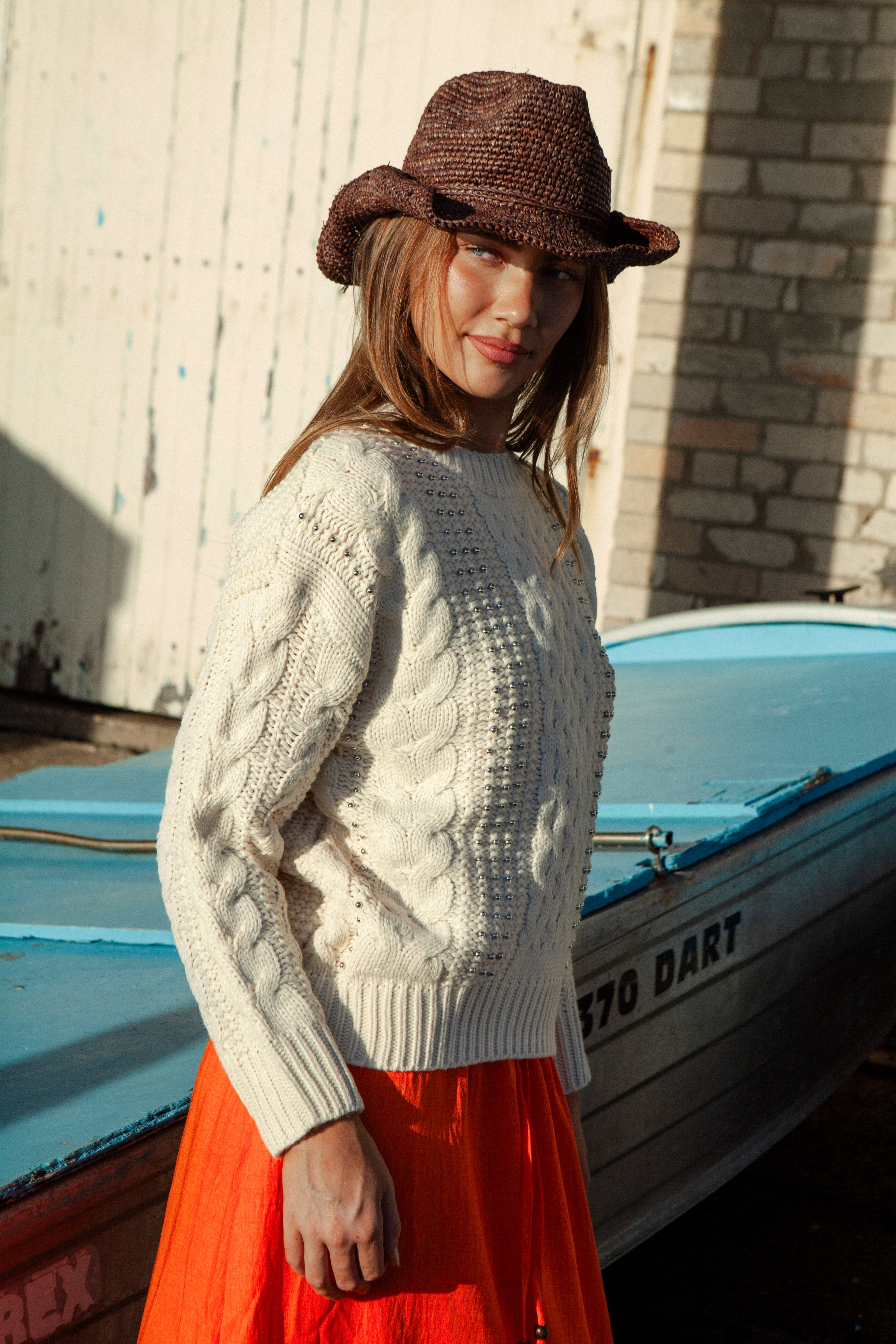 Sol Embellished Knit Almond - regular fit sweater in cream colourway and cable pattern