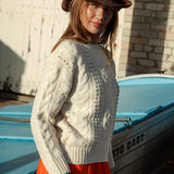 Sol Embellished Knit Almond - regular fit sweater in cream colourway and cable pattern