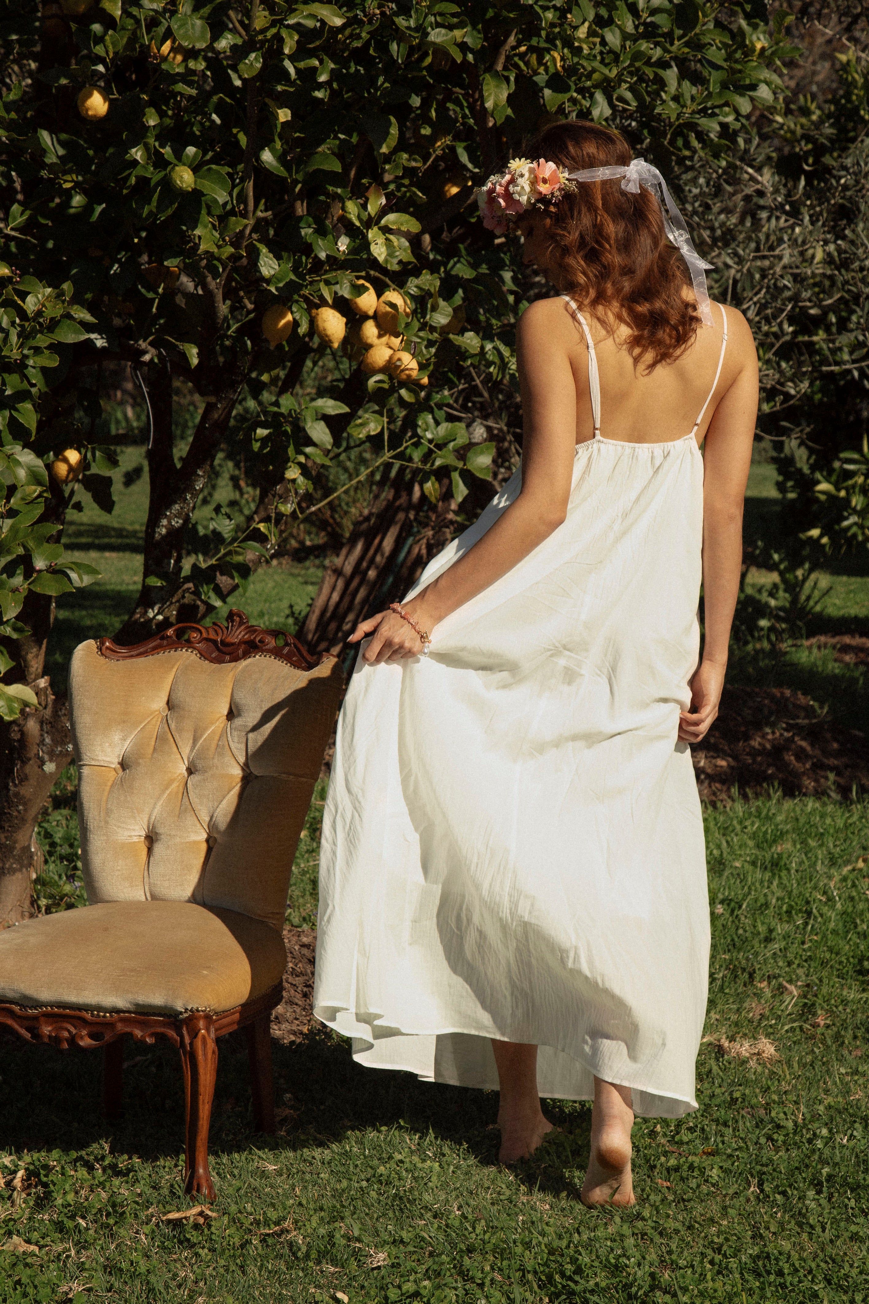 Sophie Sundress White - rear view showcasing spaghetti straps and long maxi length