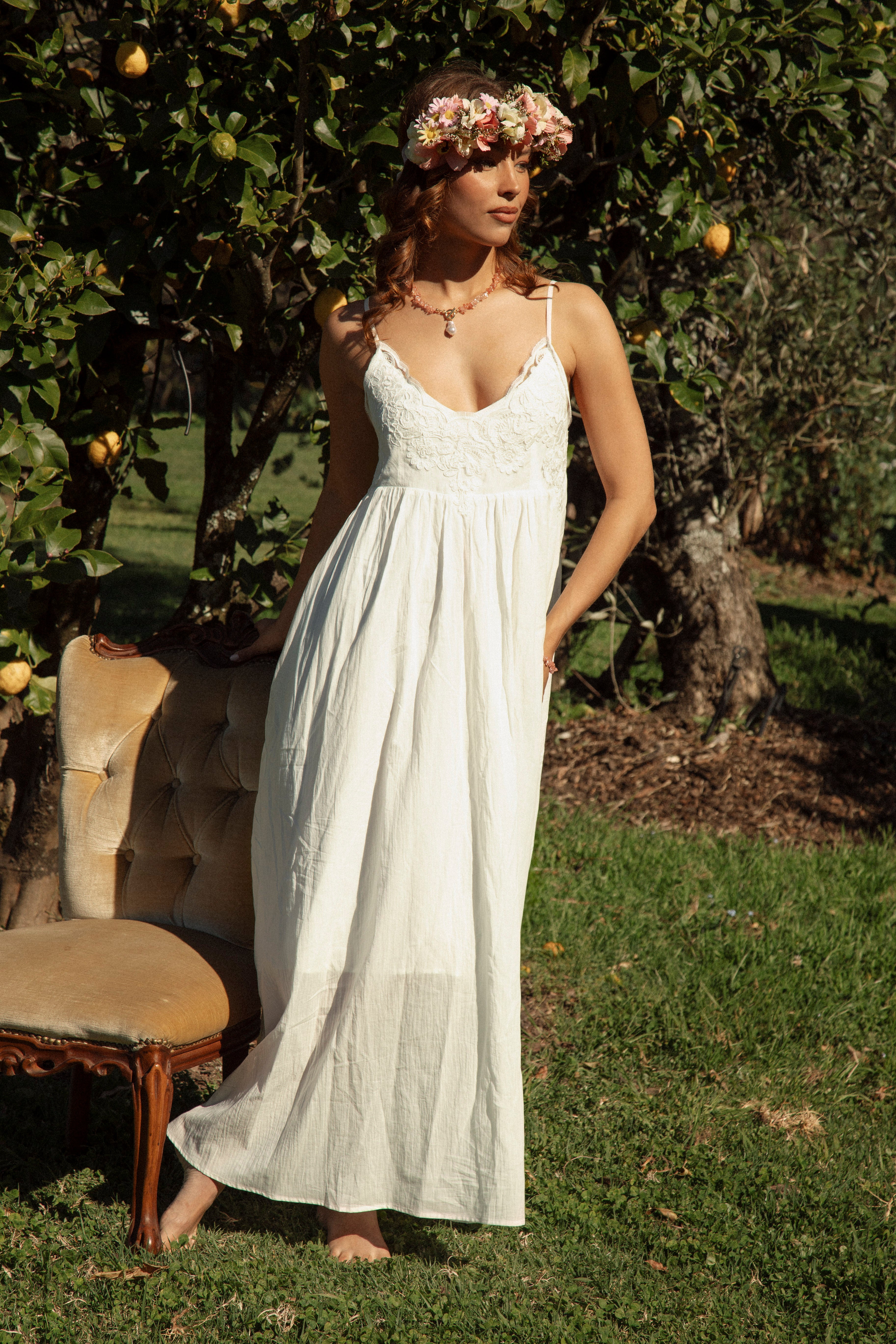 Sophie Sundress White - white sundress featuring lace detail, maxi length and lining