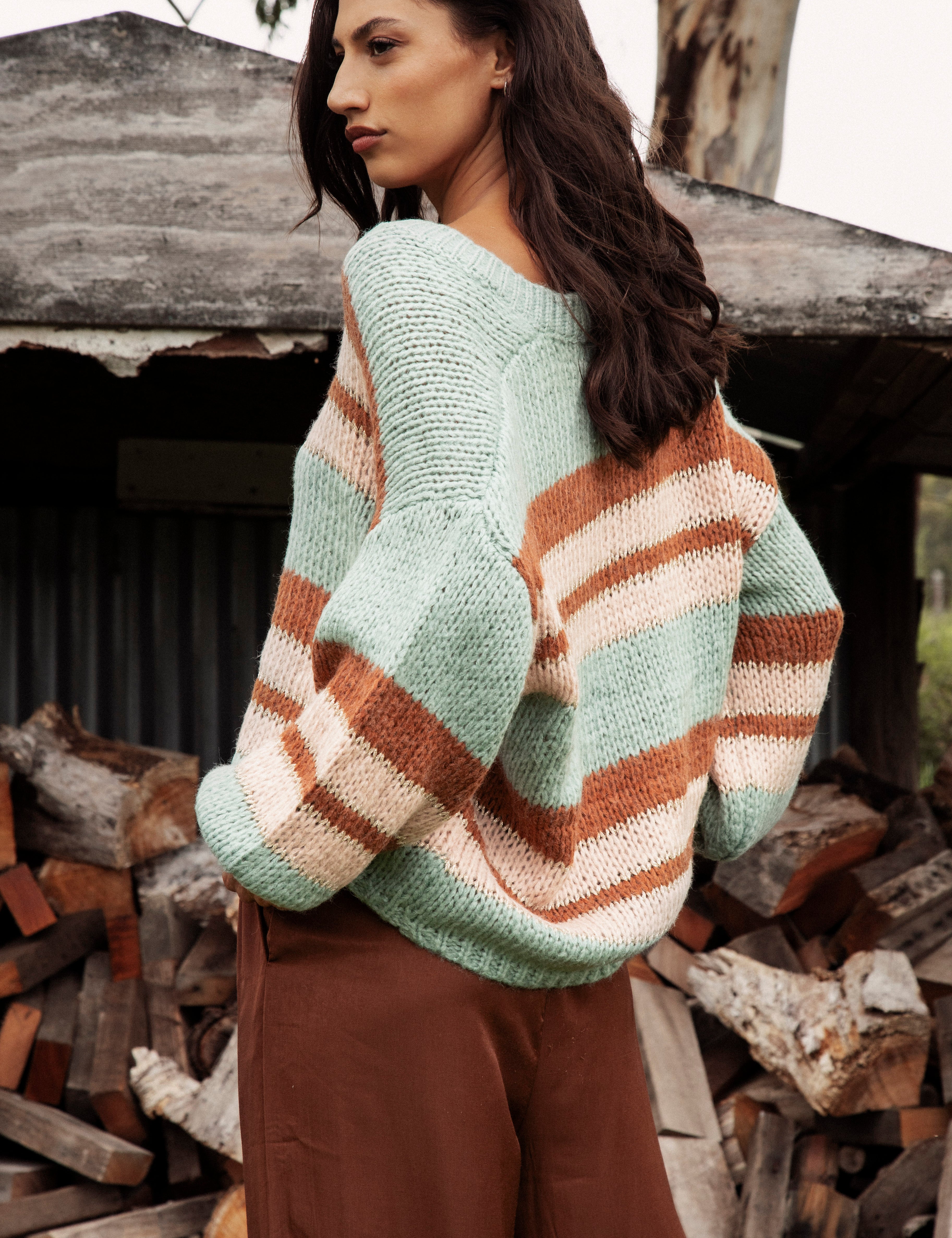 Soren V Neck Jumper Pistachio - rear view showcasing slouchy style.
