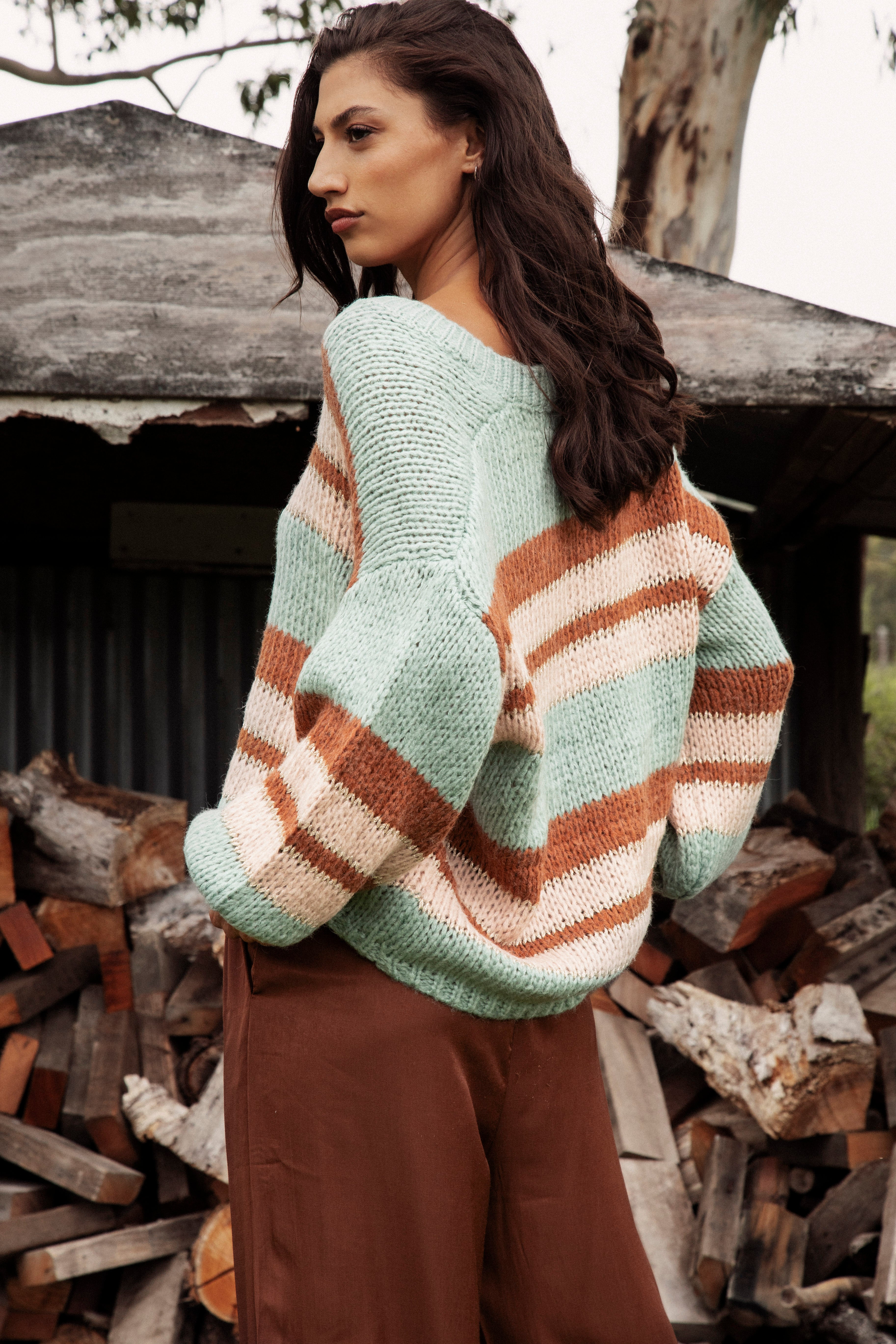 Soren V Neck Jumper Pistachio - rear view showcasing slouchy style.