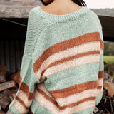 Soren V Neck Jumper Pistachio showcasing striped pattern in shades of blue, tan and cream
