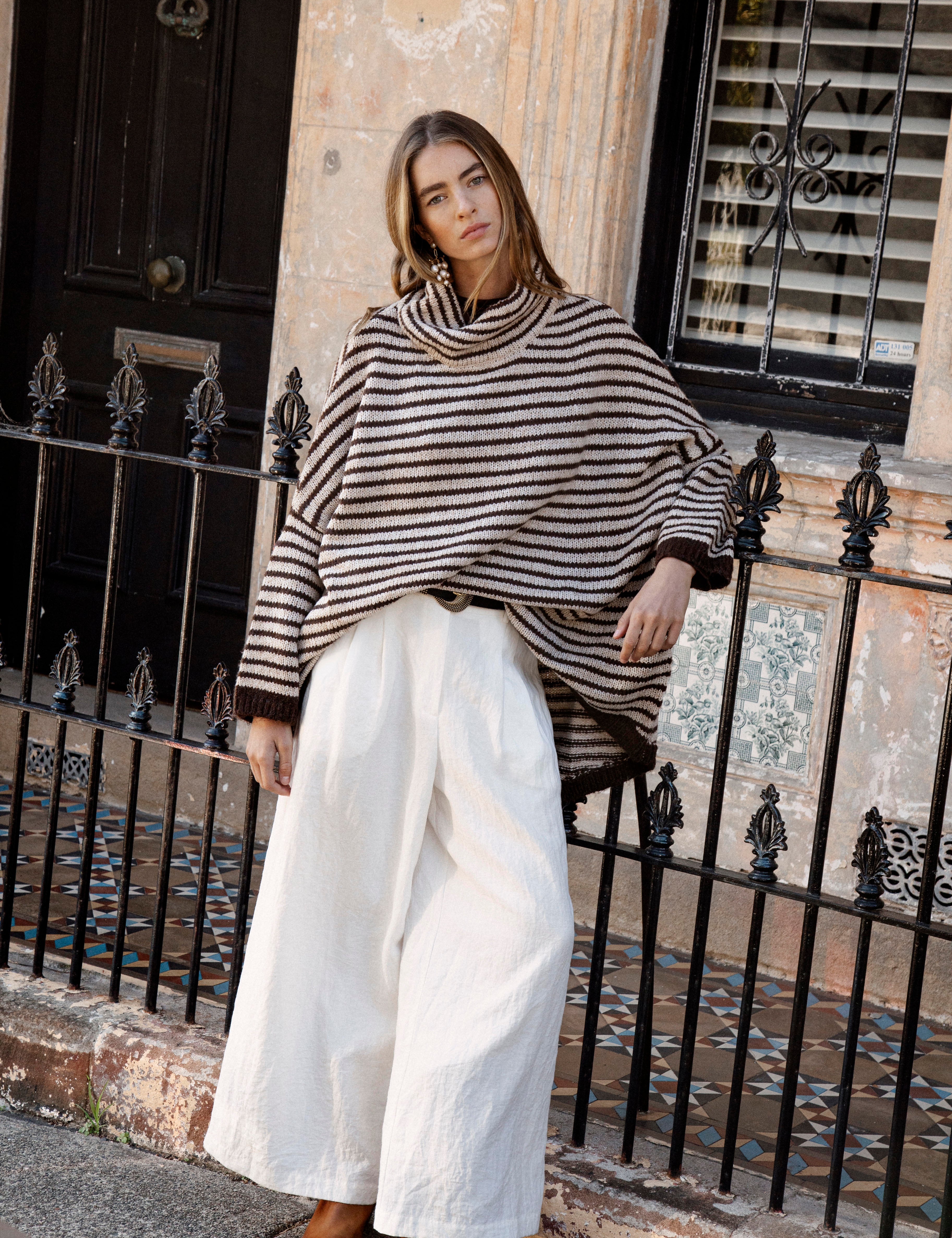 South Coast Stripe Sweater features roll neckline and very oversized fit
