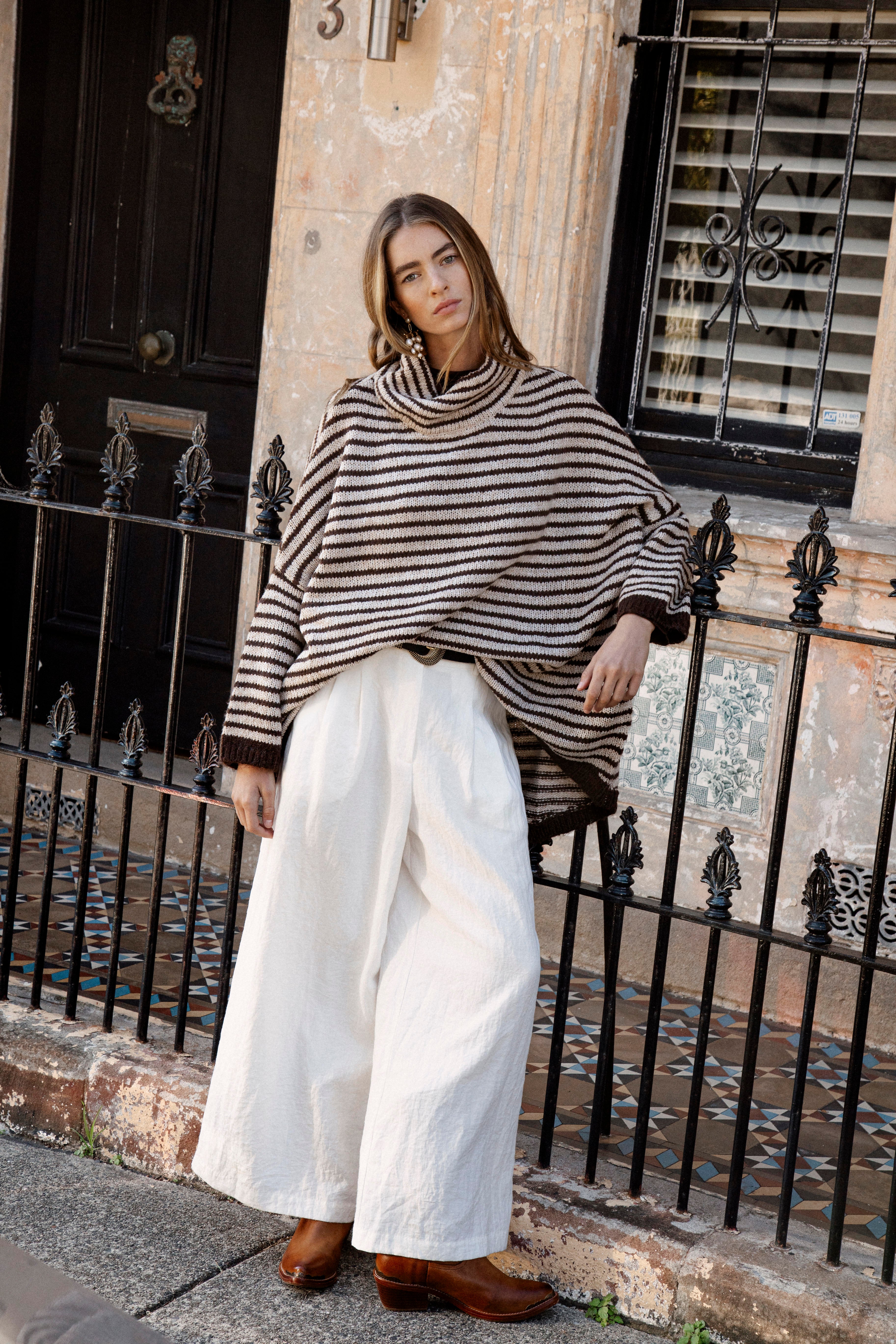 South Coast Stripe Sweater features roll neckline and very oversized fit