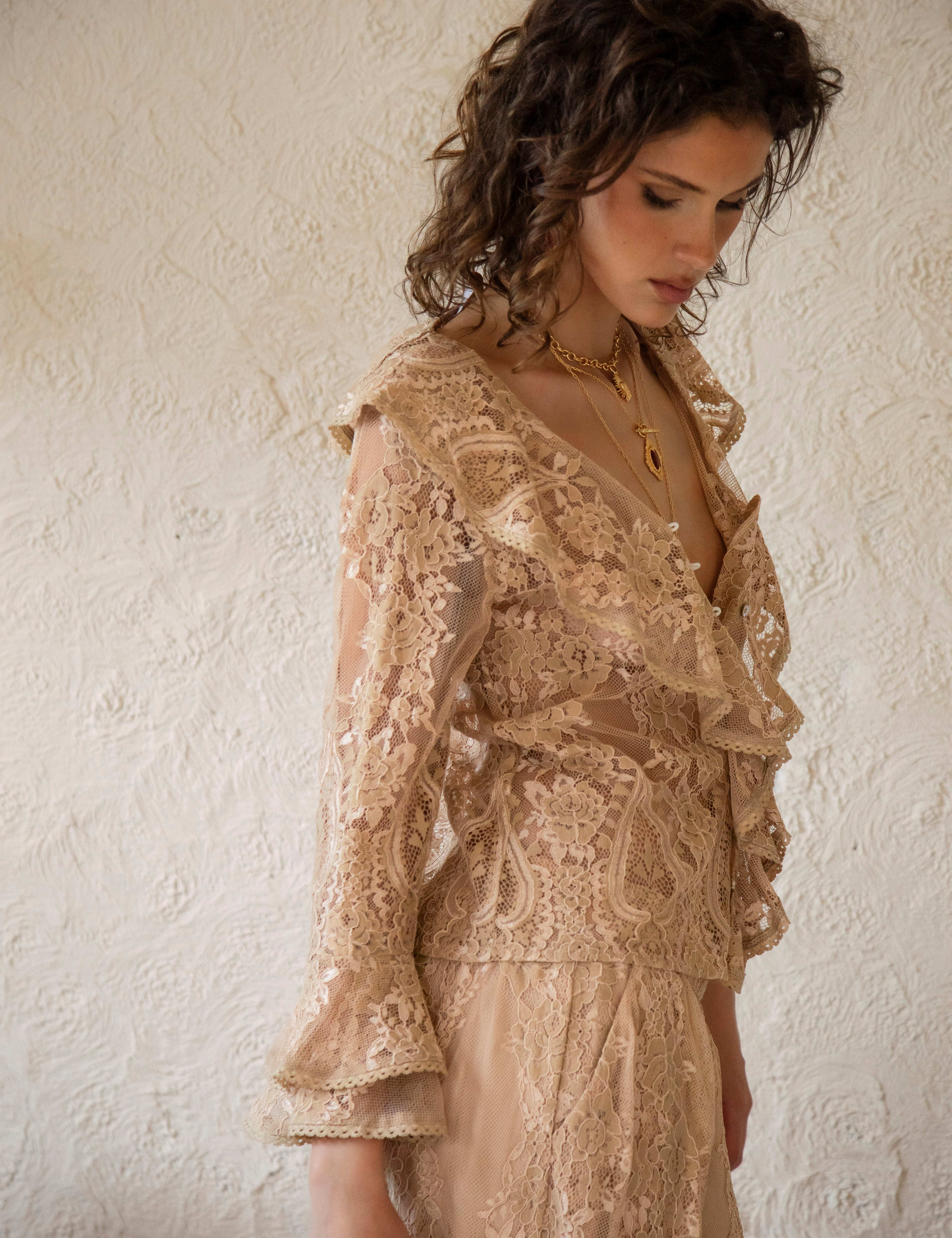 Spellbound Frill Blouse Nude Lace  - champagne coloured blouse with frill lapel and cuff crafted from delicate lace