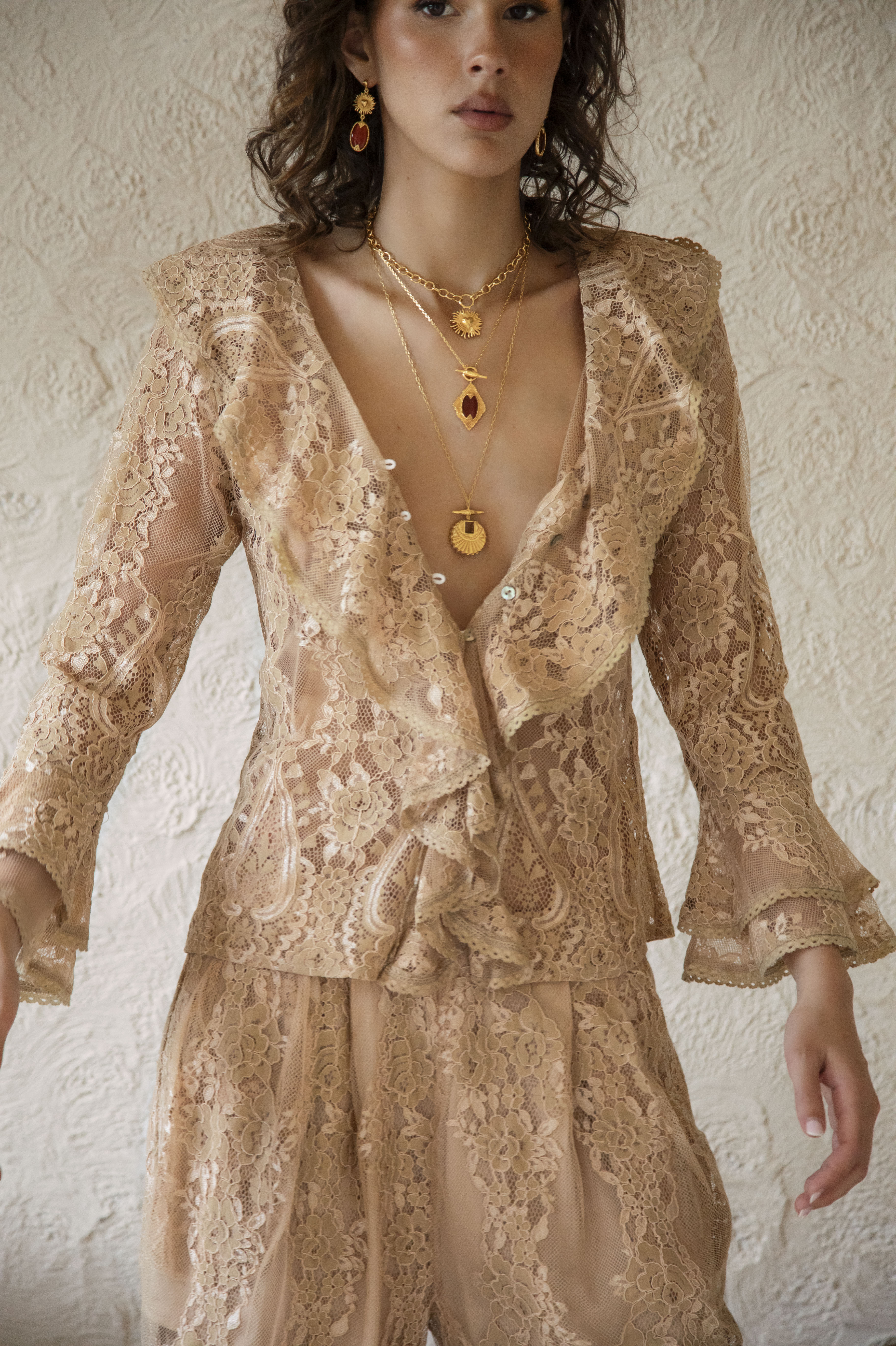 Spellbound Frill Blouse Nude Lace  in champagne colourway