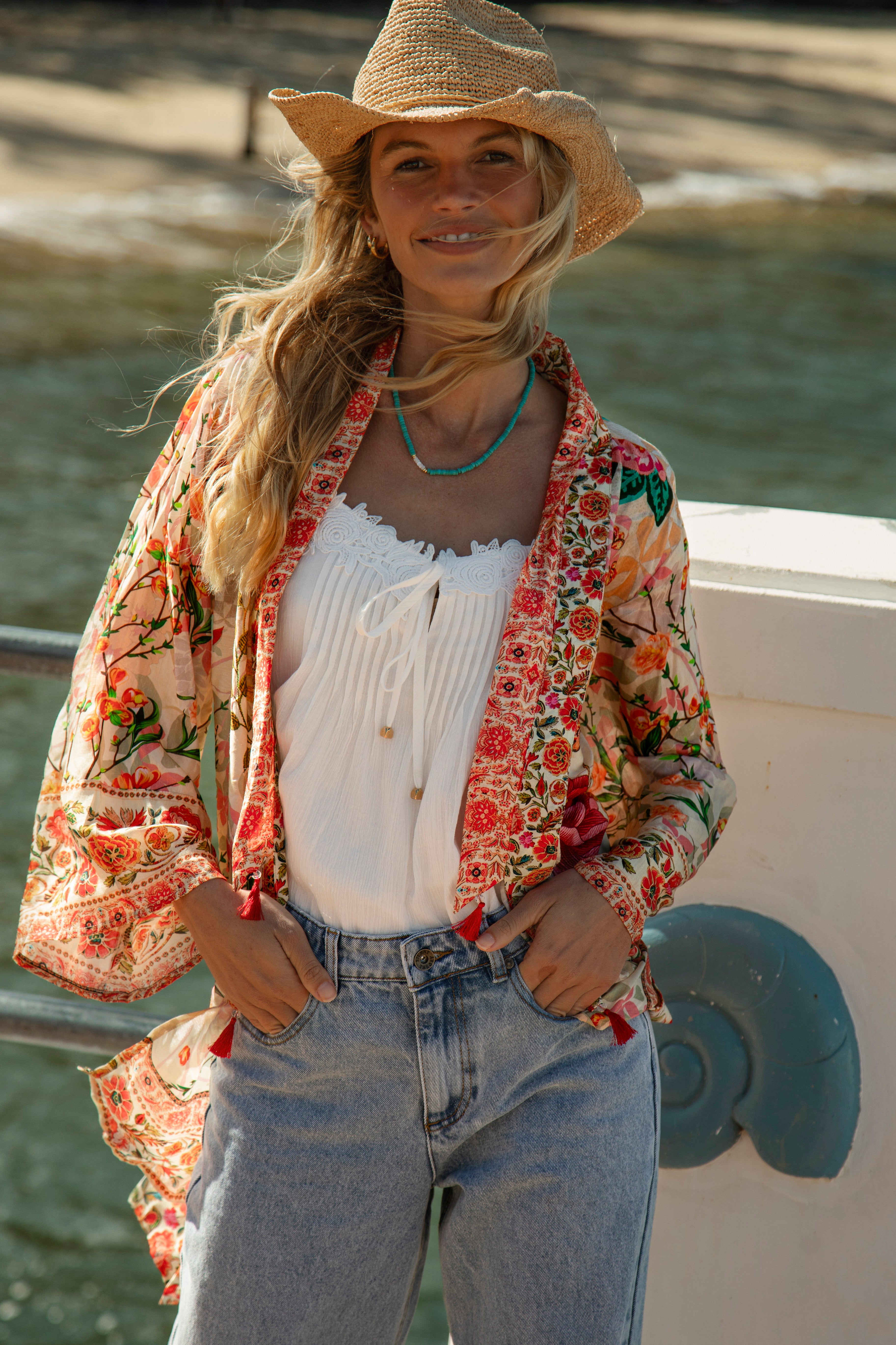 Spring Daze Kimono featuring floral pattern in shades of orange and green