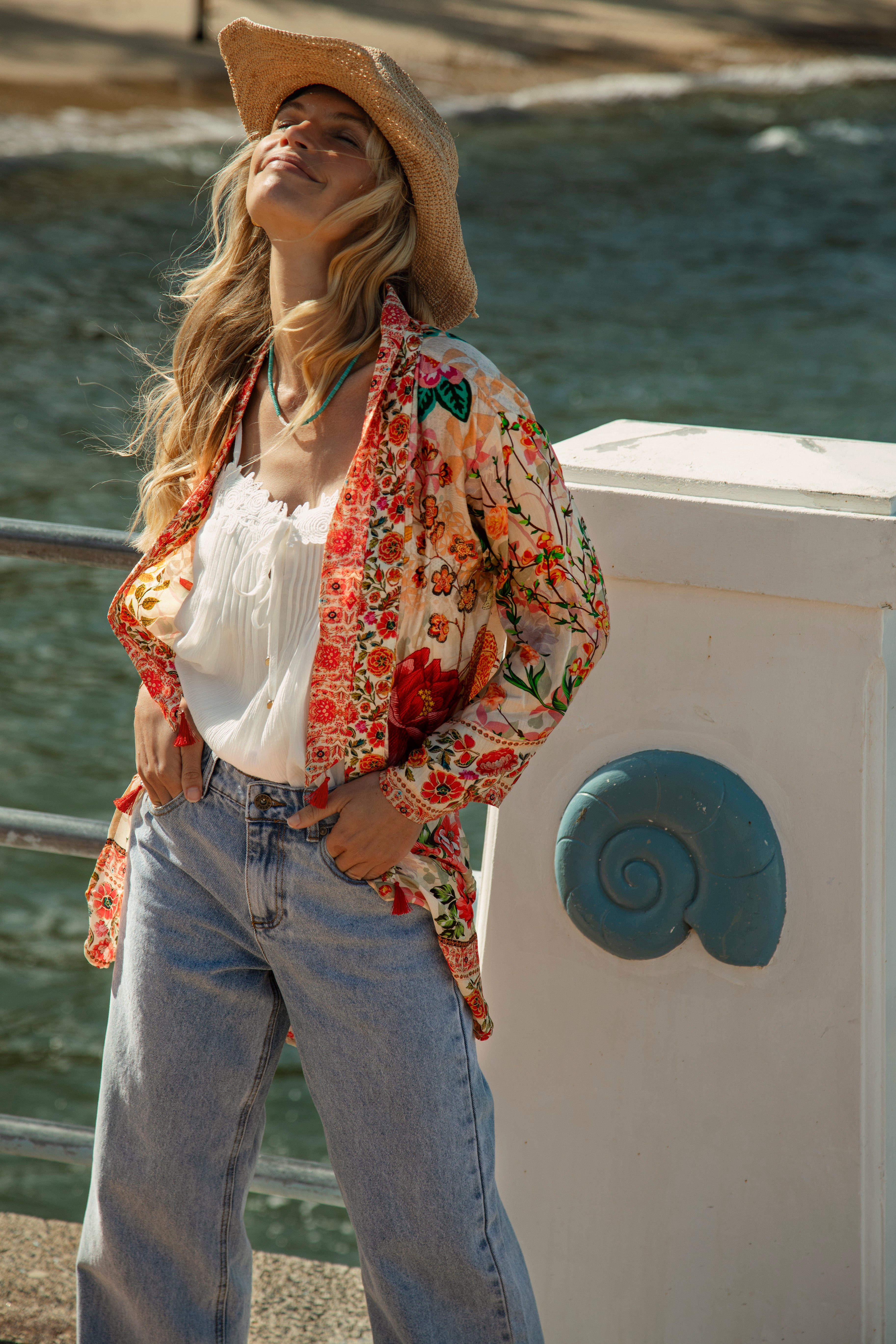 Spring Daze Kimono worn with Pearl Cami and Baggy Jean