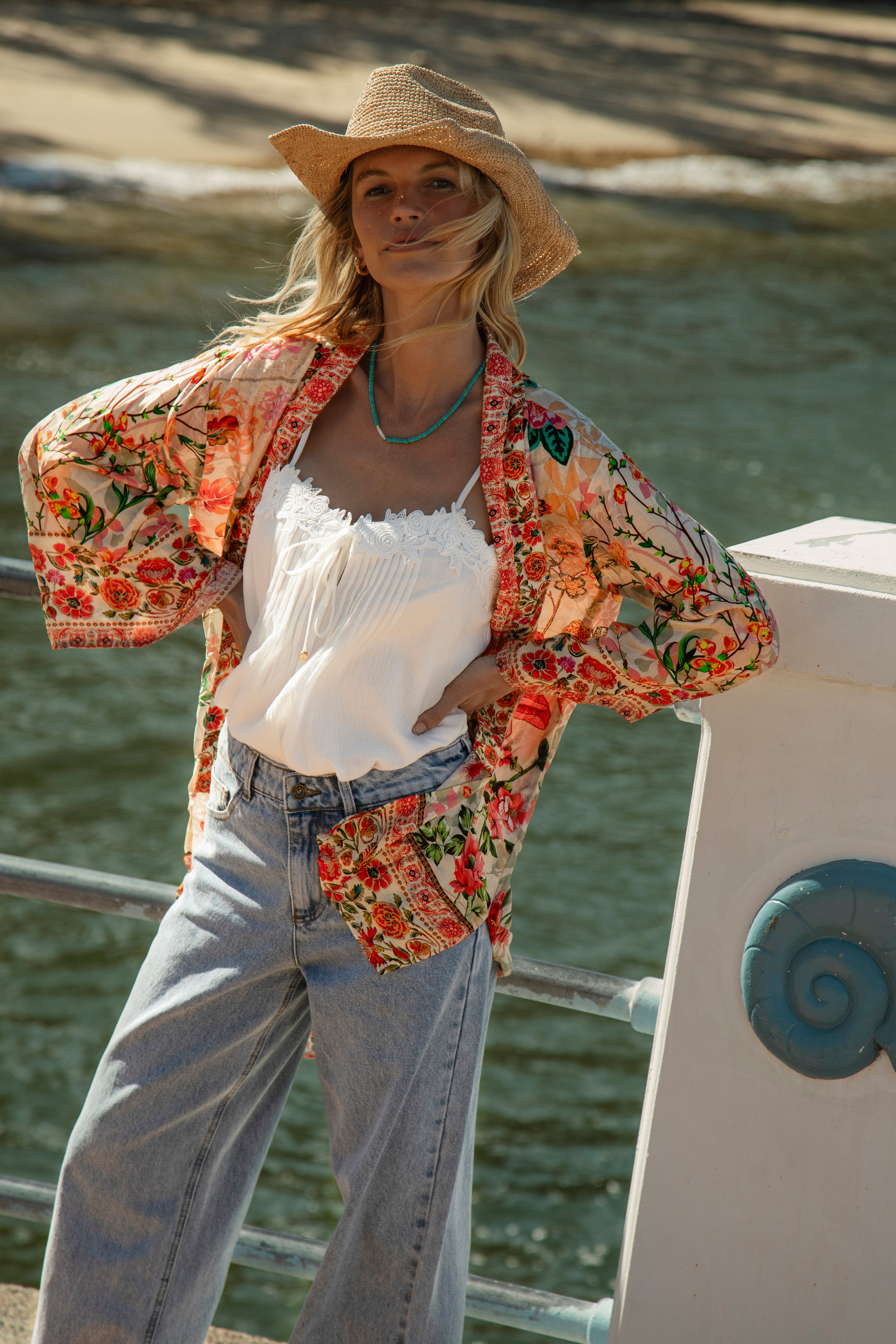 Spring Daze Kimono - floral kimono paired with denim
