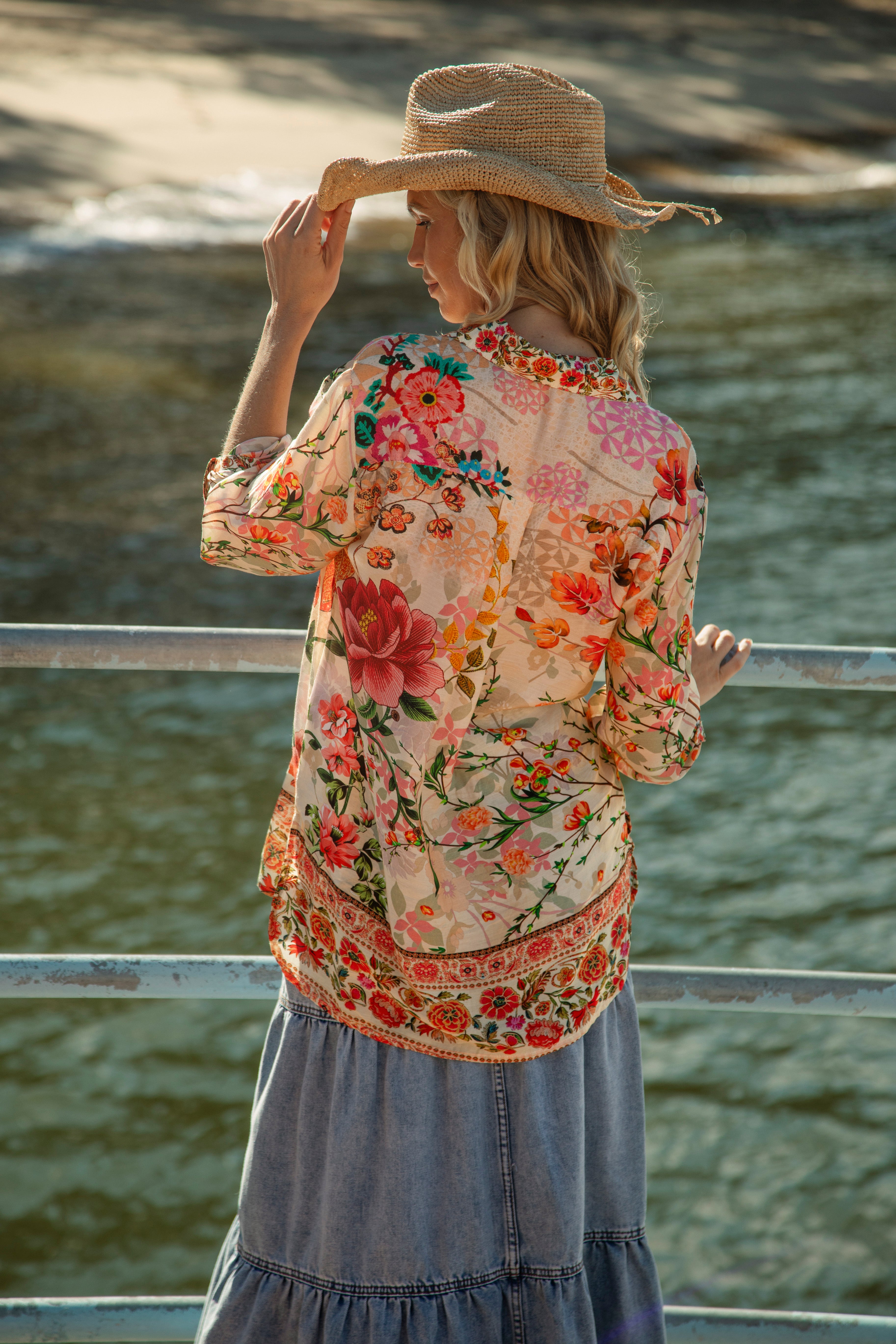 Spring Daze Shirt - rear view showcasing floral pattern and contrasting hem