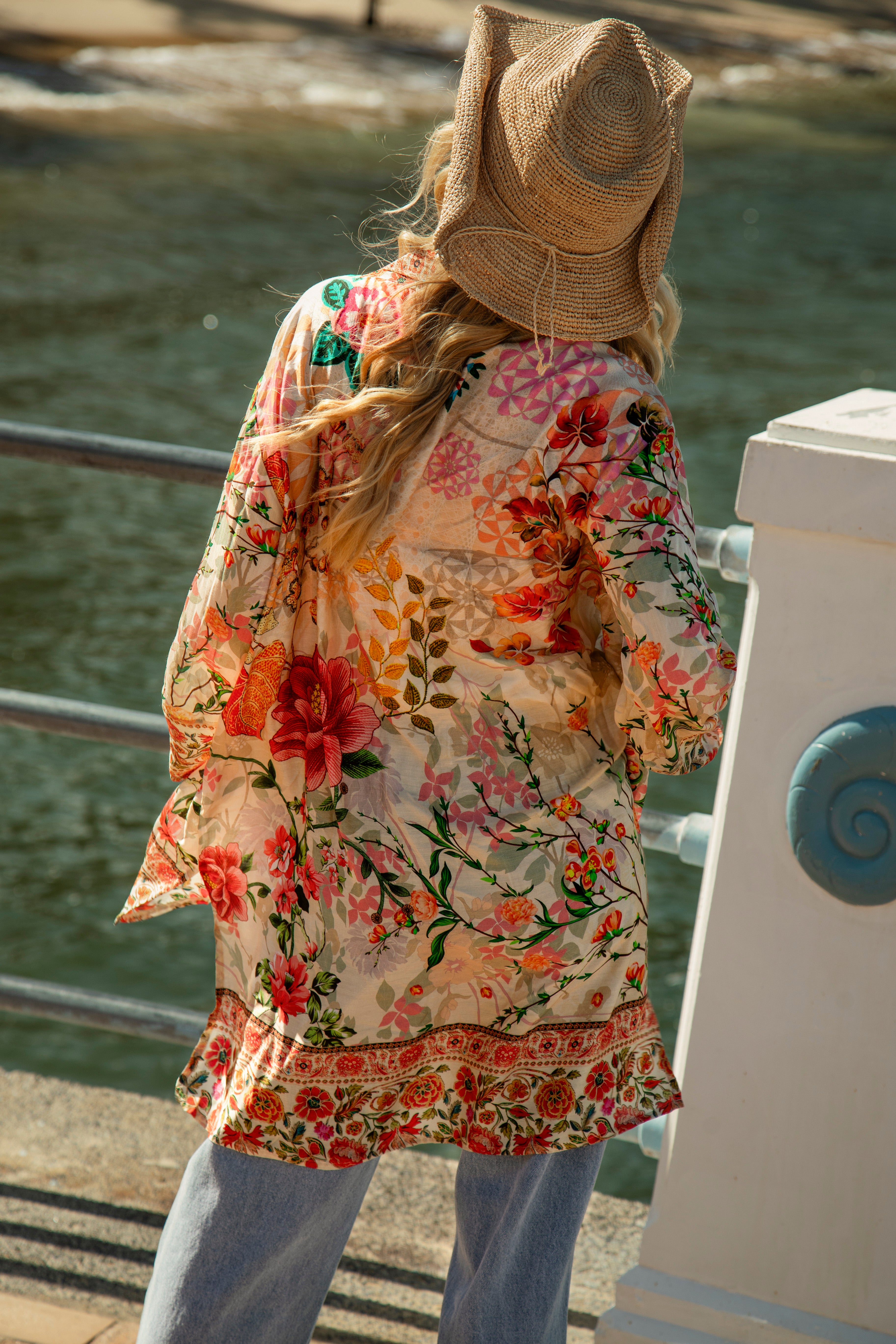 Spring daze Kimono - rear view showcasing floral pattern and contrast hem