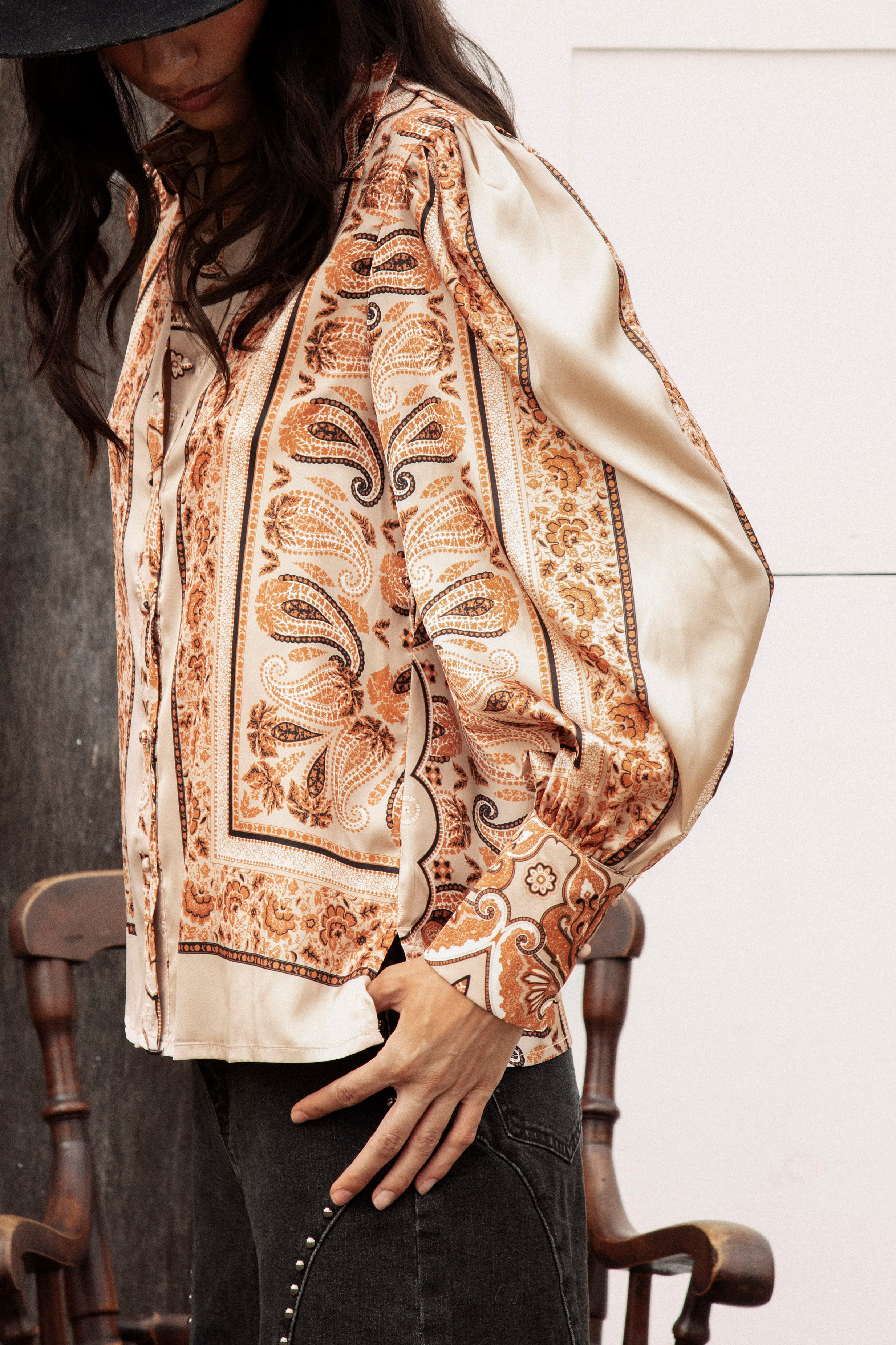 Star Rodeo Blouse featuring vintage inspired paisley pattern in autumn tones.