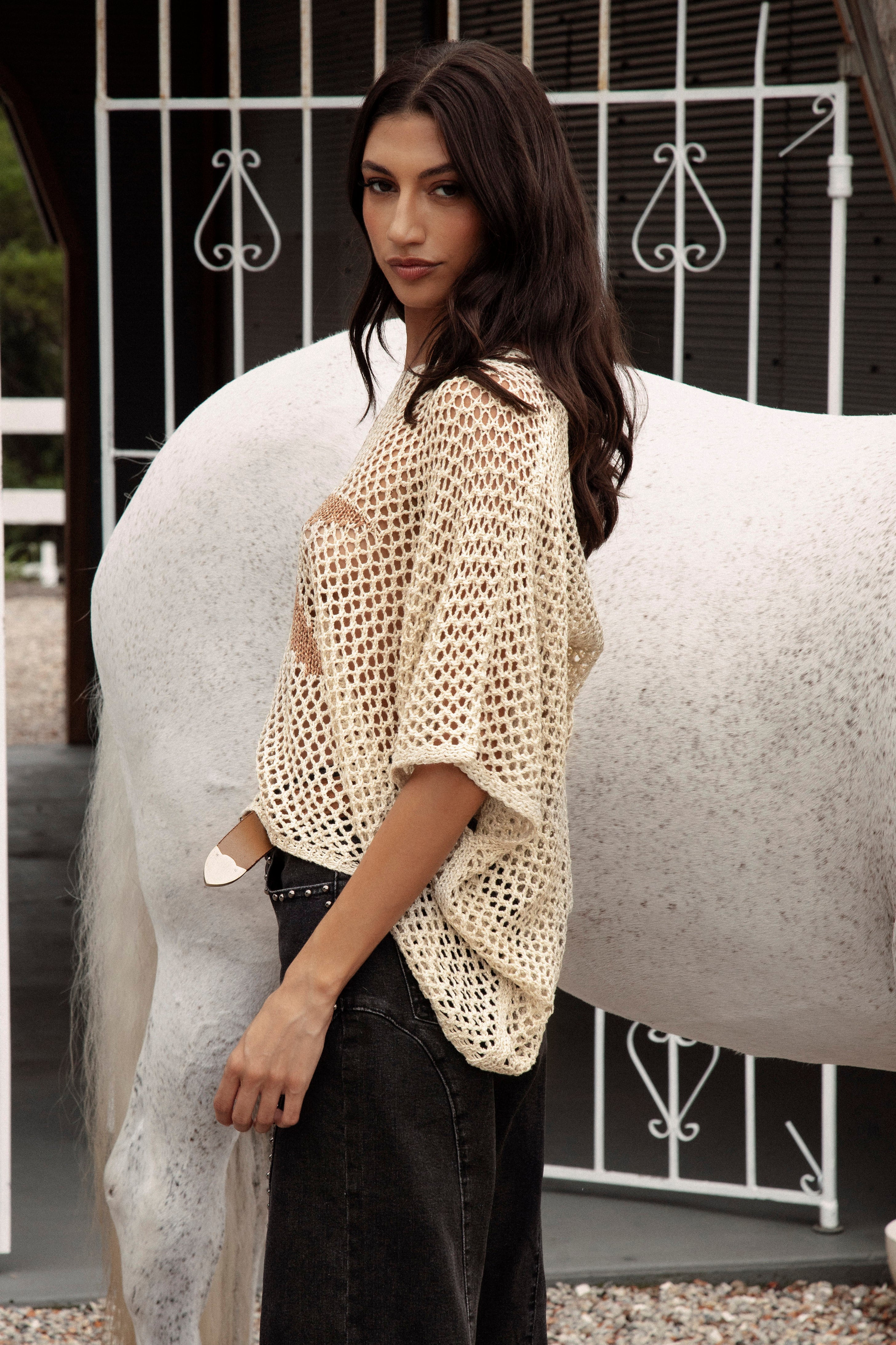 Stardust Knit Top - side view showcasing chunky crochet style
