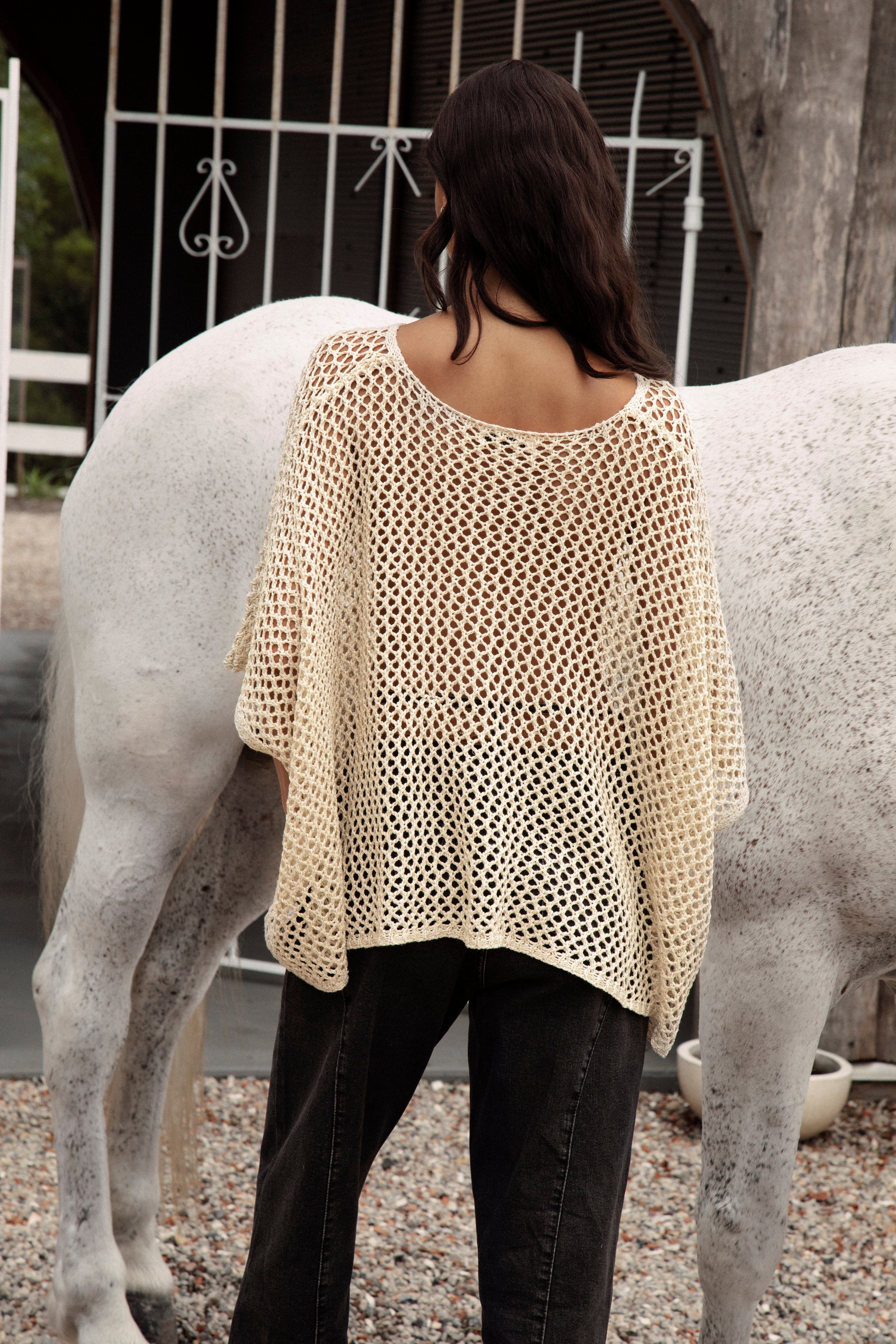 Stardust Knit Top features chunky crochet knit in cream colourway. Rear View.