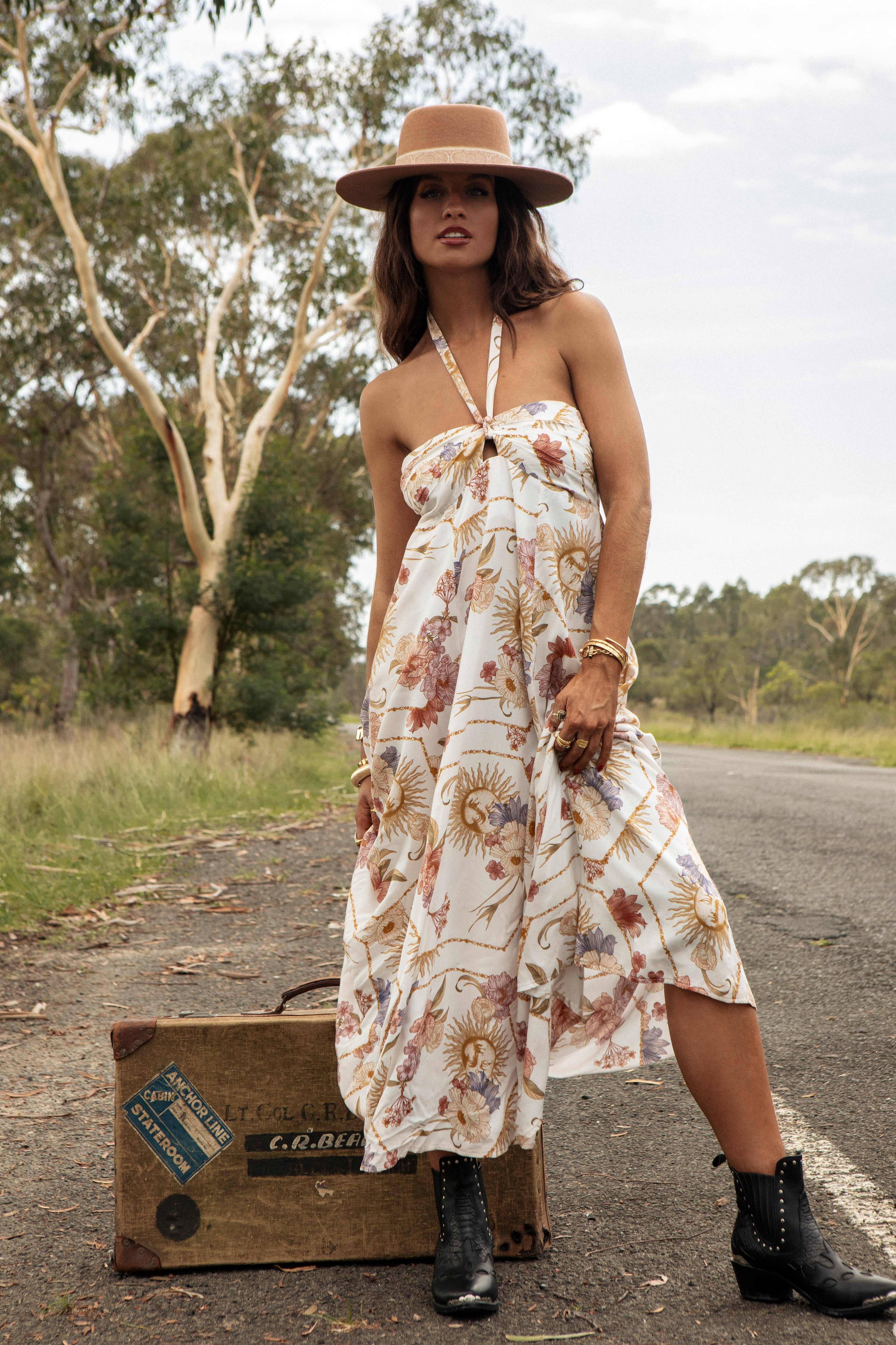 Stardust Strapless Dress featuring vintage inspired pattern and tie halter neckline