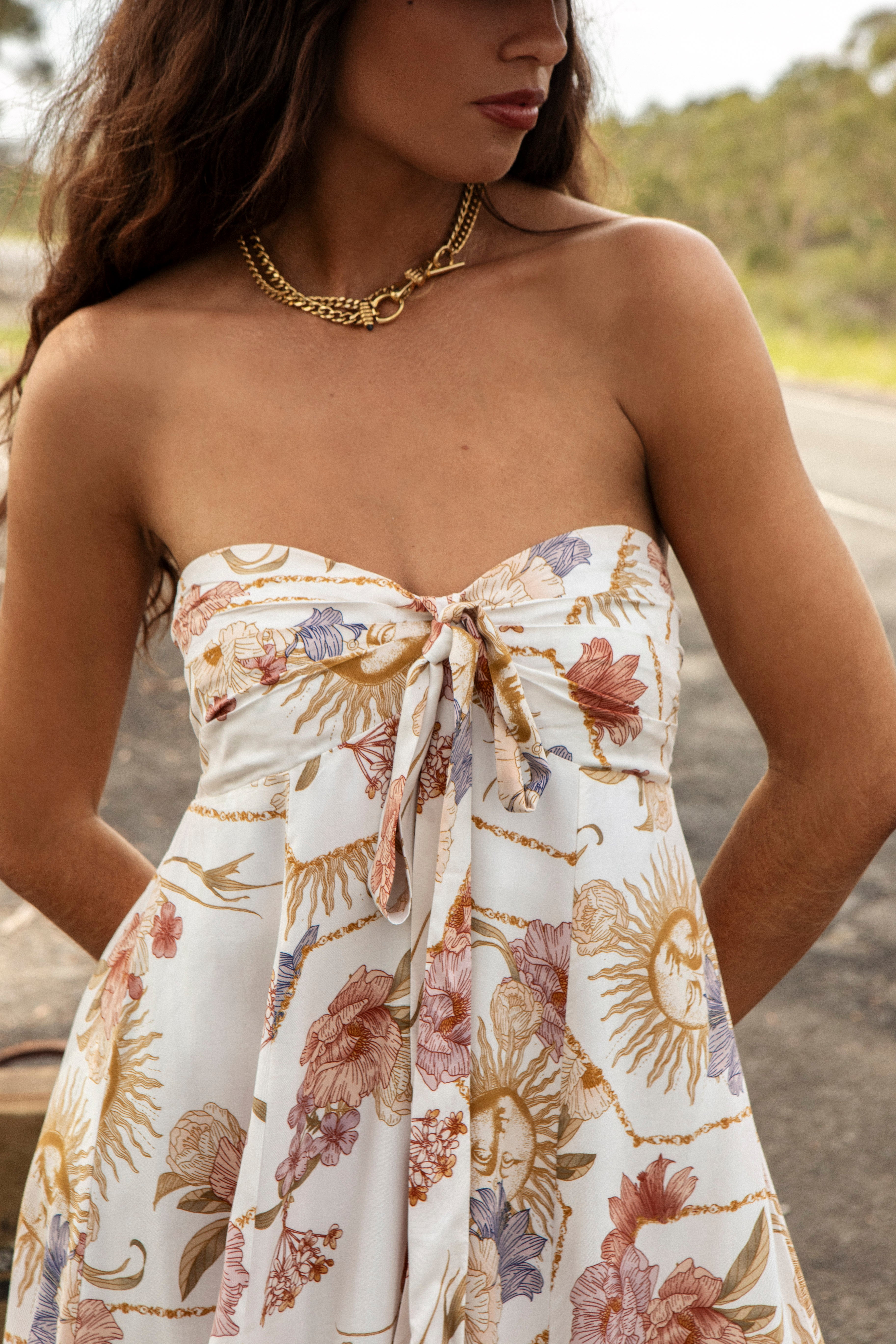 Stardust Strapless Dress showcasing tie closure at bodice and vintage floral inspired pattern