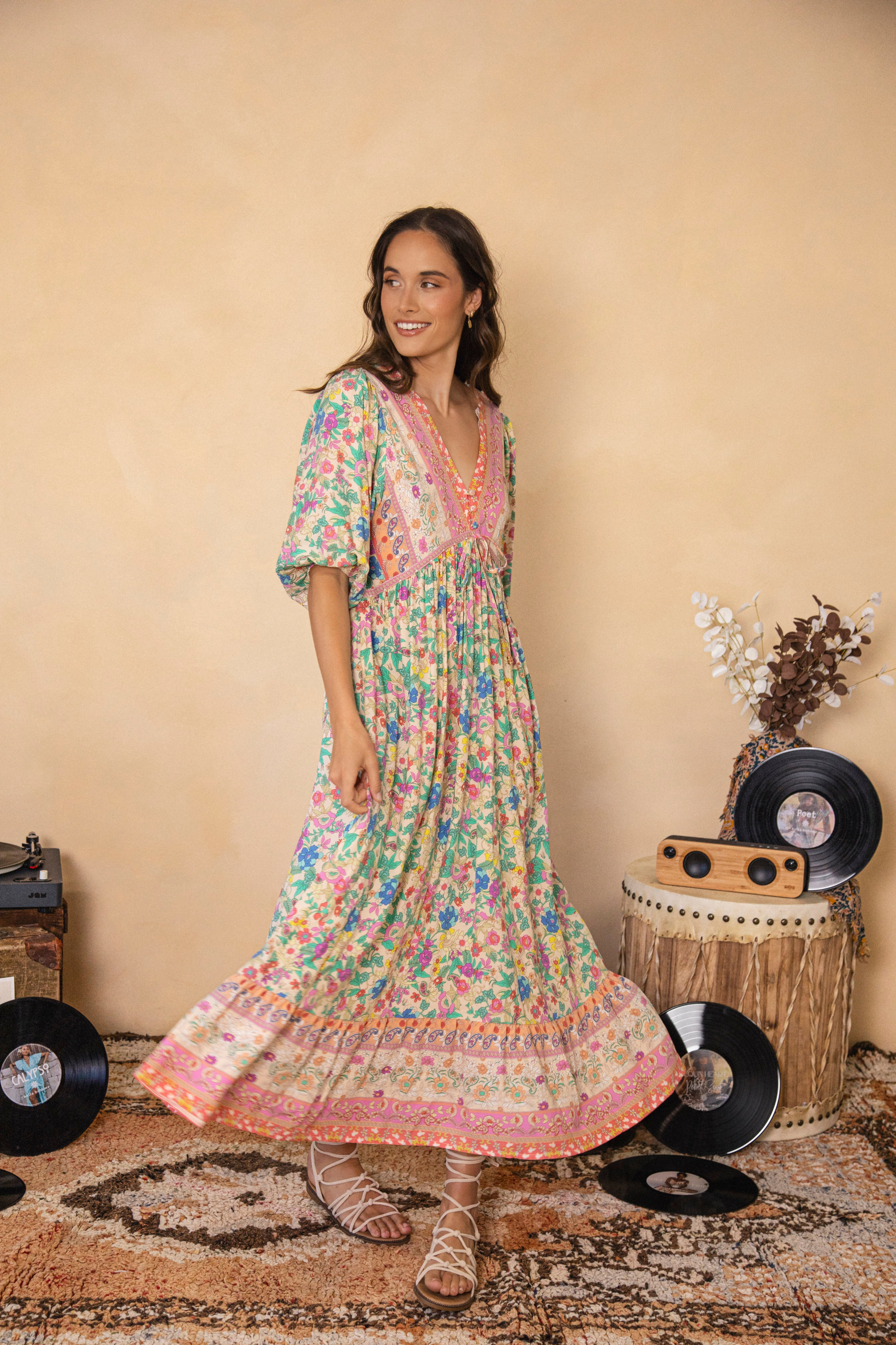 Stevie Maxi Dress Poet featuring delicate floral  pattern with contrasting trim at bodice and hem