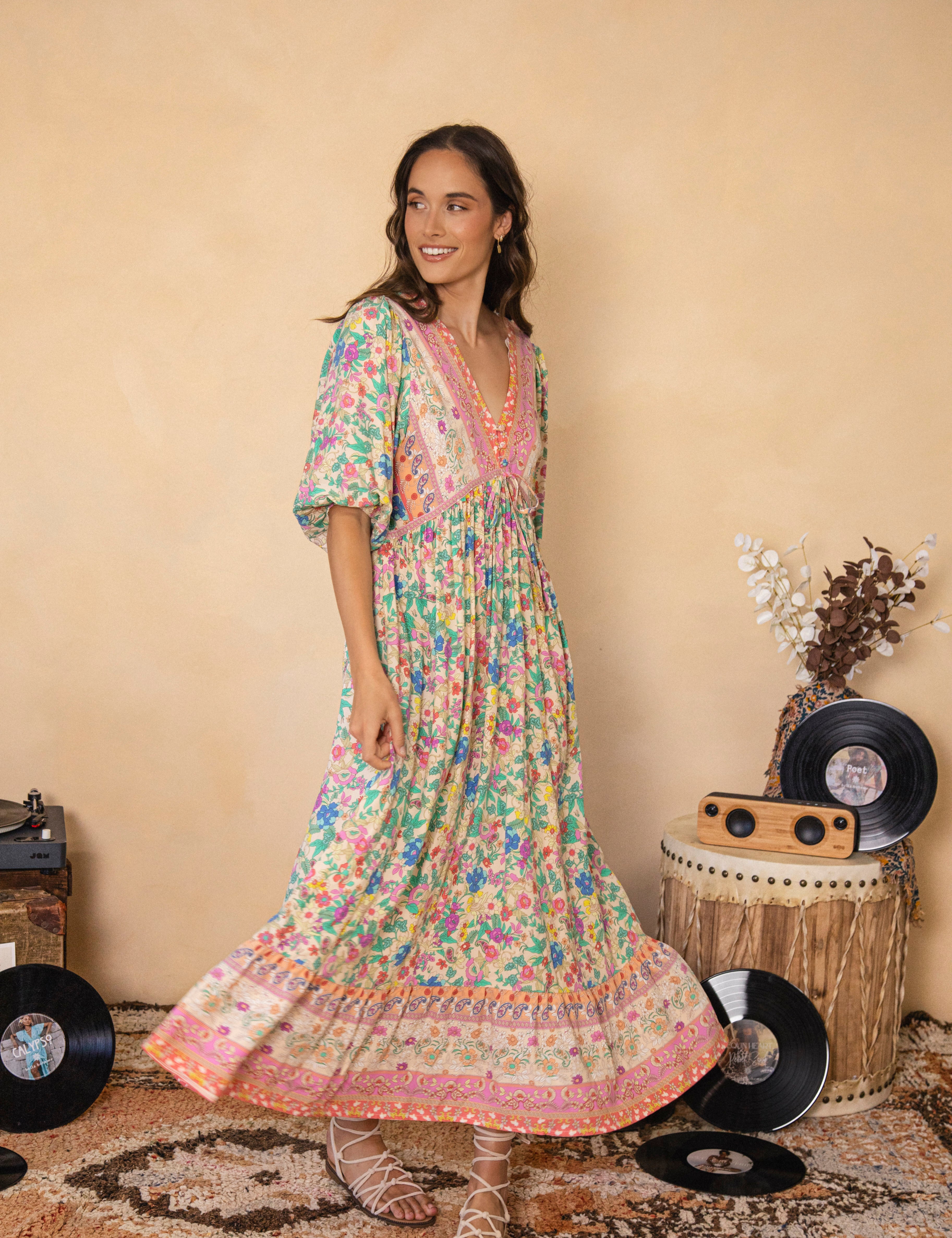 Stevie Maxi Dress Poet featuring delicate floral  pattern with contrasting trim at bodice and hem