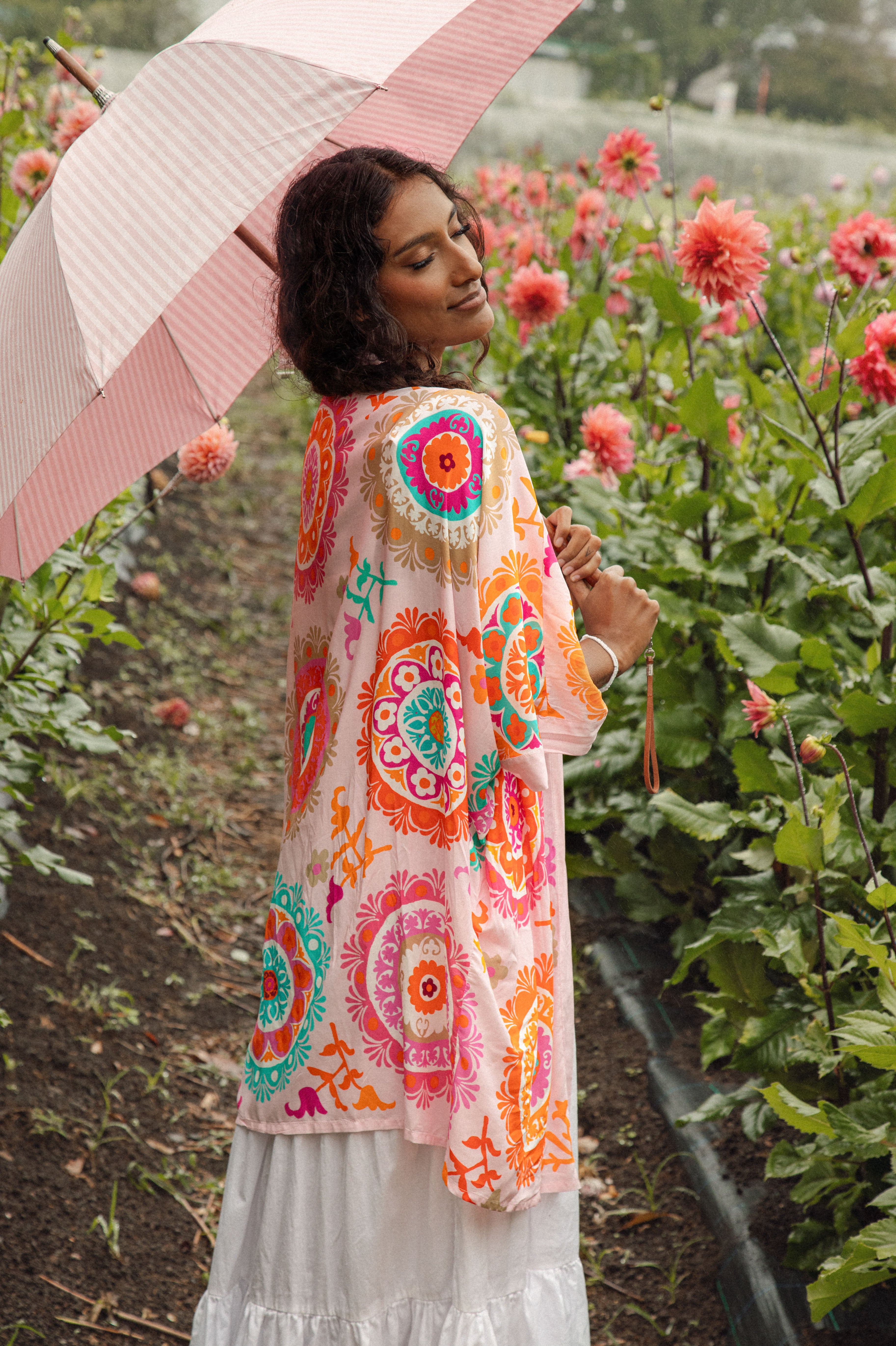 Suki Kimono Flora featuring vibrant Boho pattern on light pink colourway