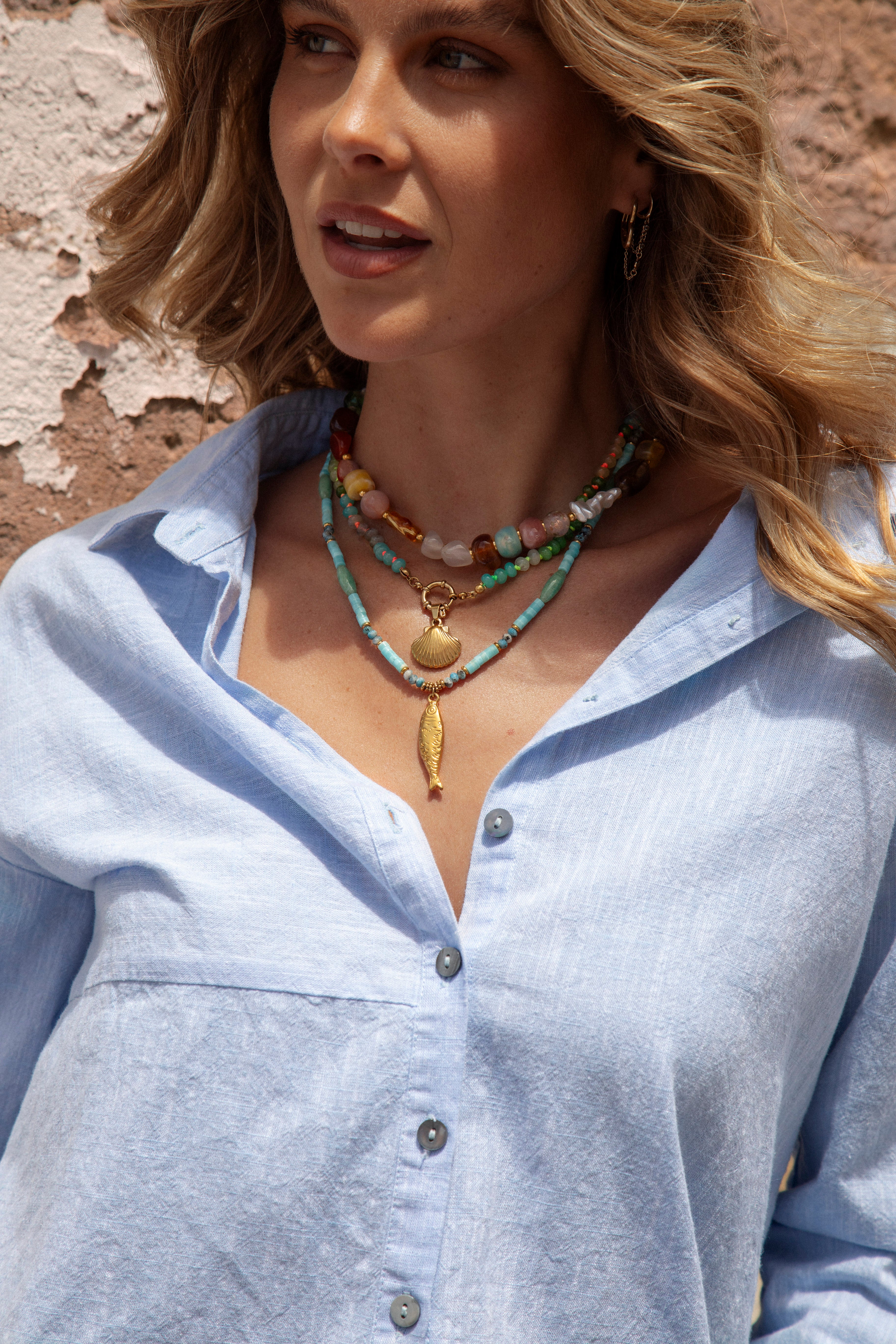 Summer Essential Linen Shirt Cornflower Blue close view showcasing quality linen and button down style