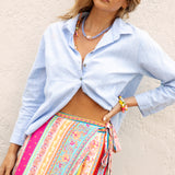 Summer Essential Linen Shirt Cornflower Blue worn with Marea Wrap Skirt in Sundrenched Stripe