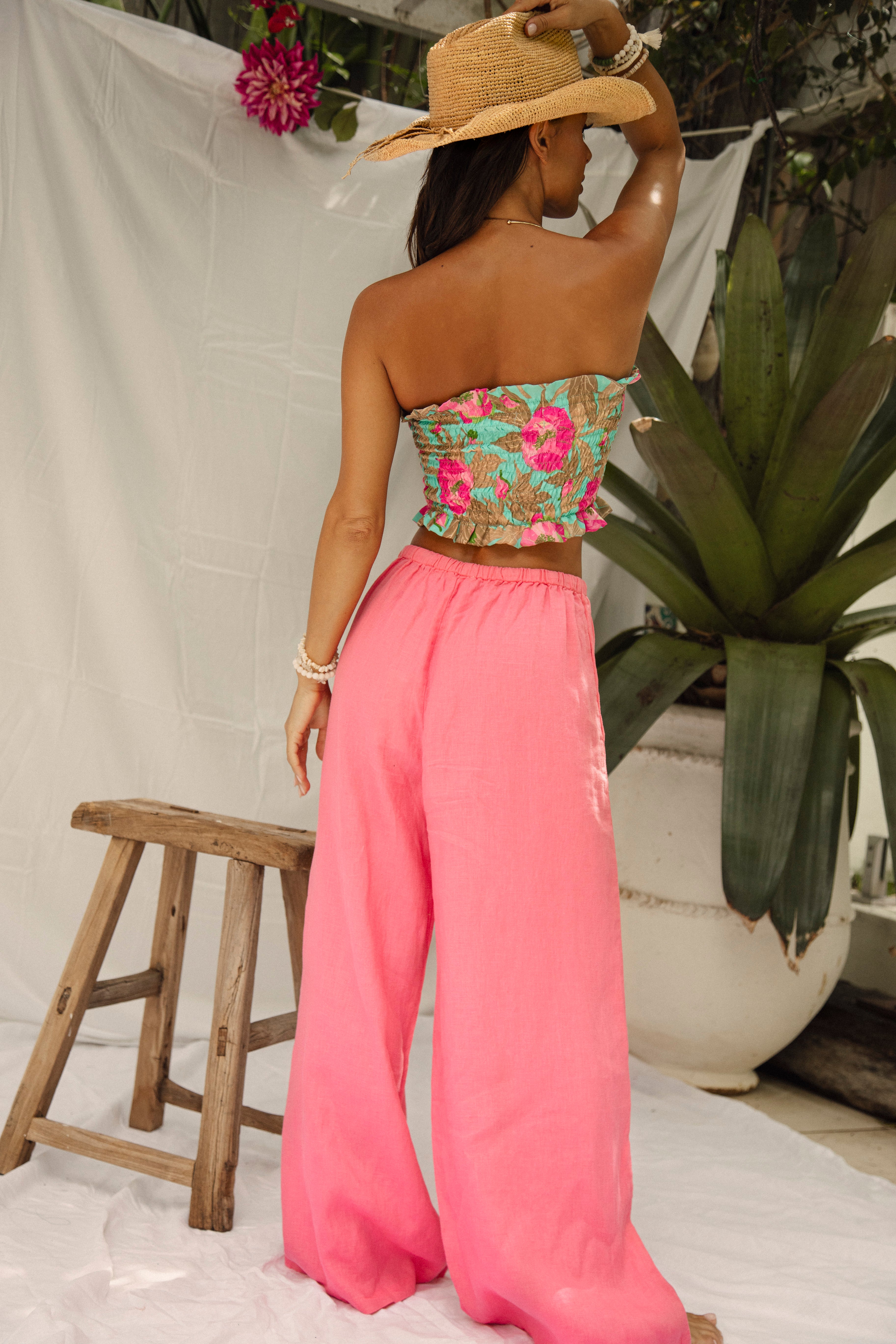 Summer Linen Pant Hibiscus Rear View