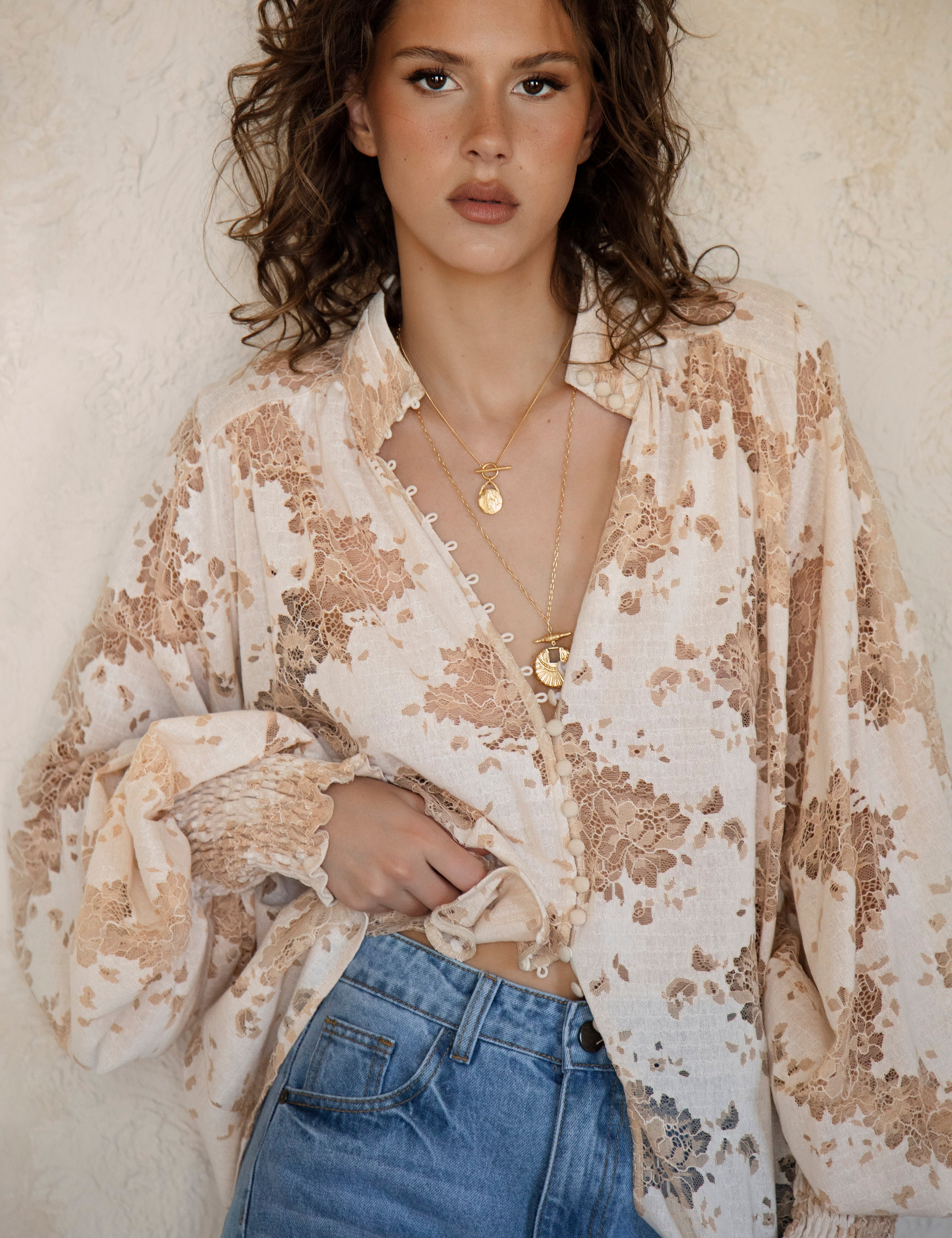 Summer Margot Blouse - front view showcasing button down style and mandarin style collar