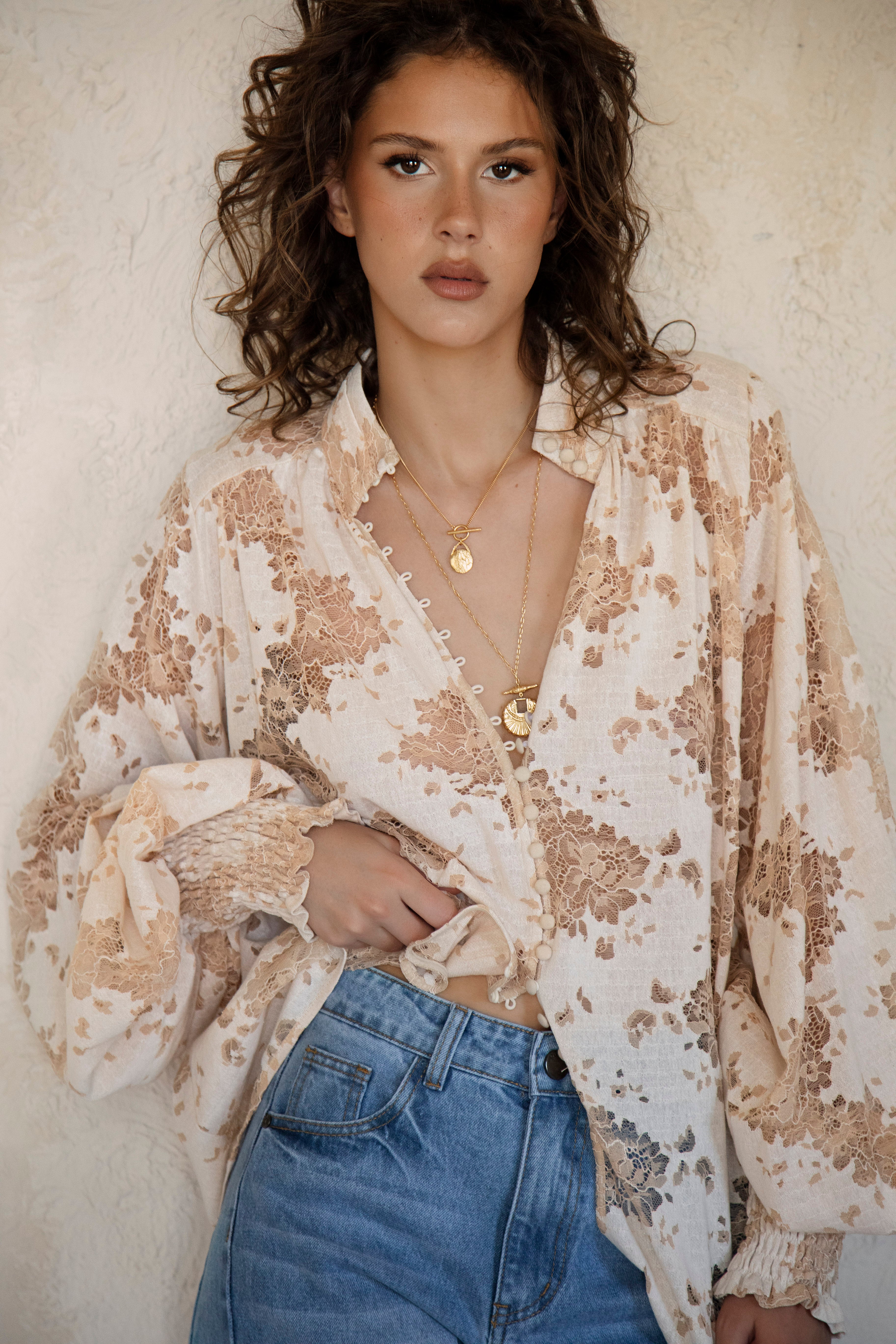 Summer Margot Blouse - front view showcasing button down style and mandarin style collar