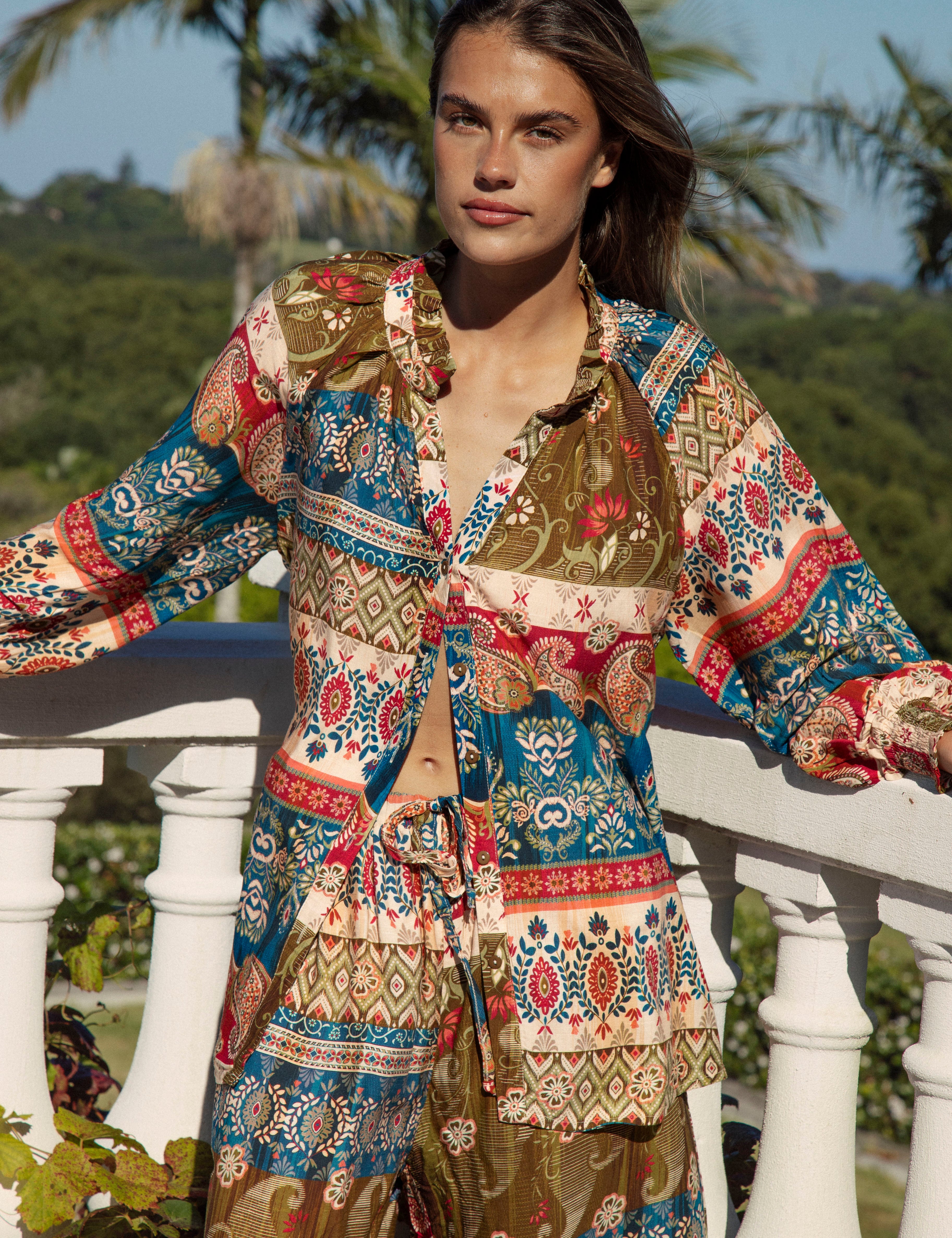 Sunkissed Blouse Olea features long sleeves, button down style and boho inspired print