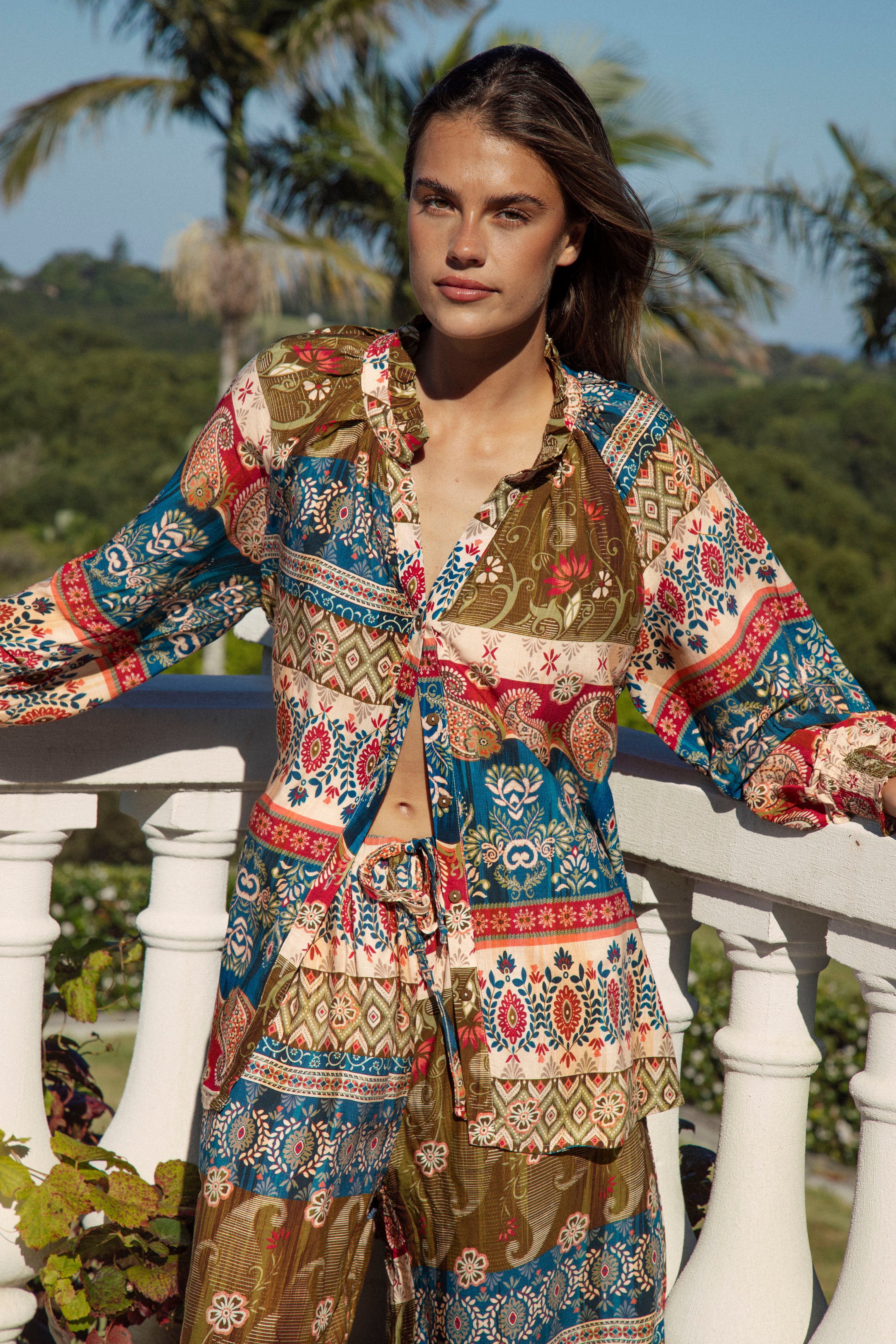 Sunkissed Blouse Olea features long sleeves, button down style and boho inspired print