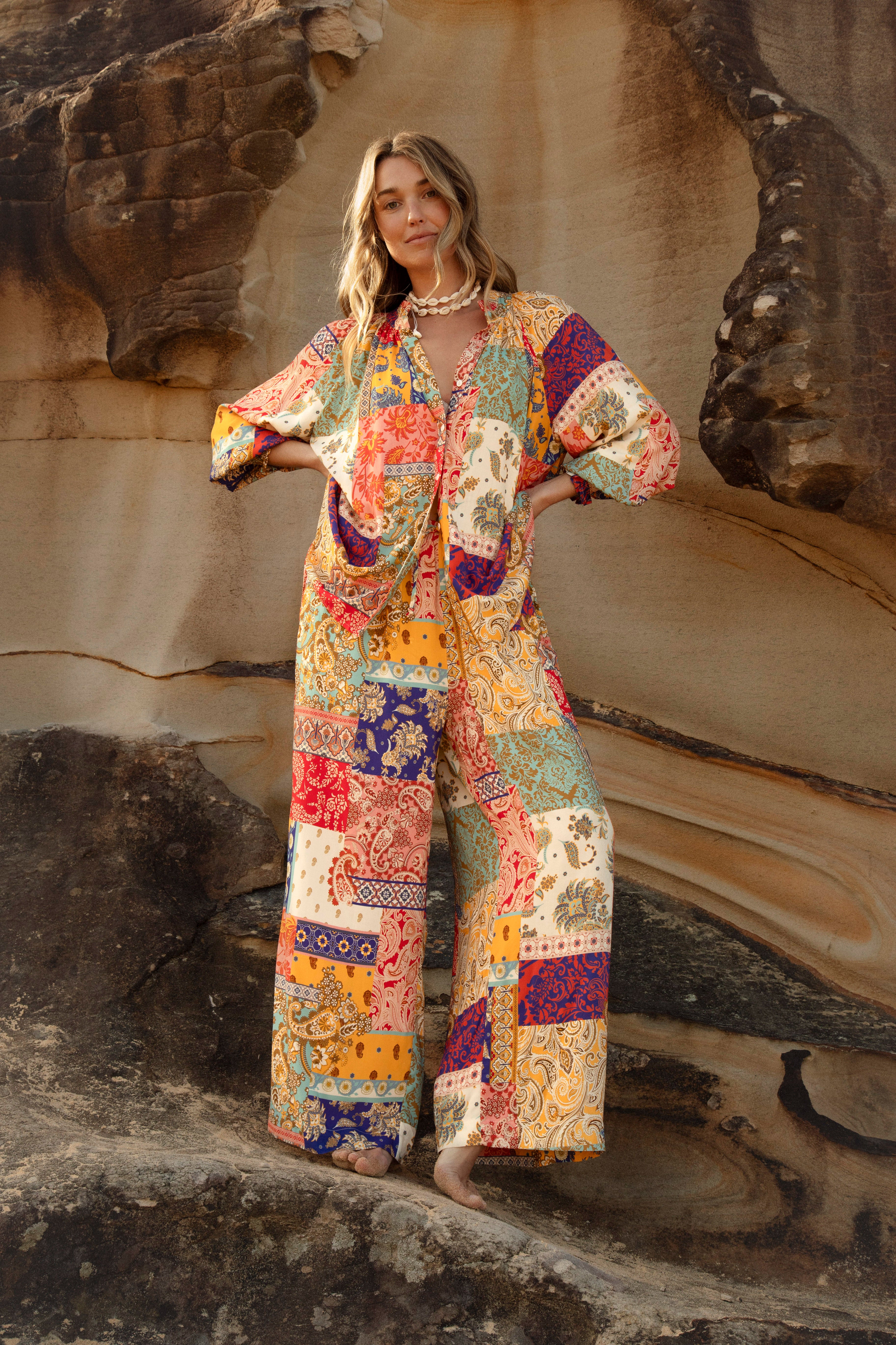 Sunseeker Pants worn here with matching blouse. A statement set with Boho Luxe feel.
