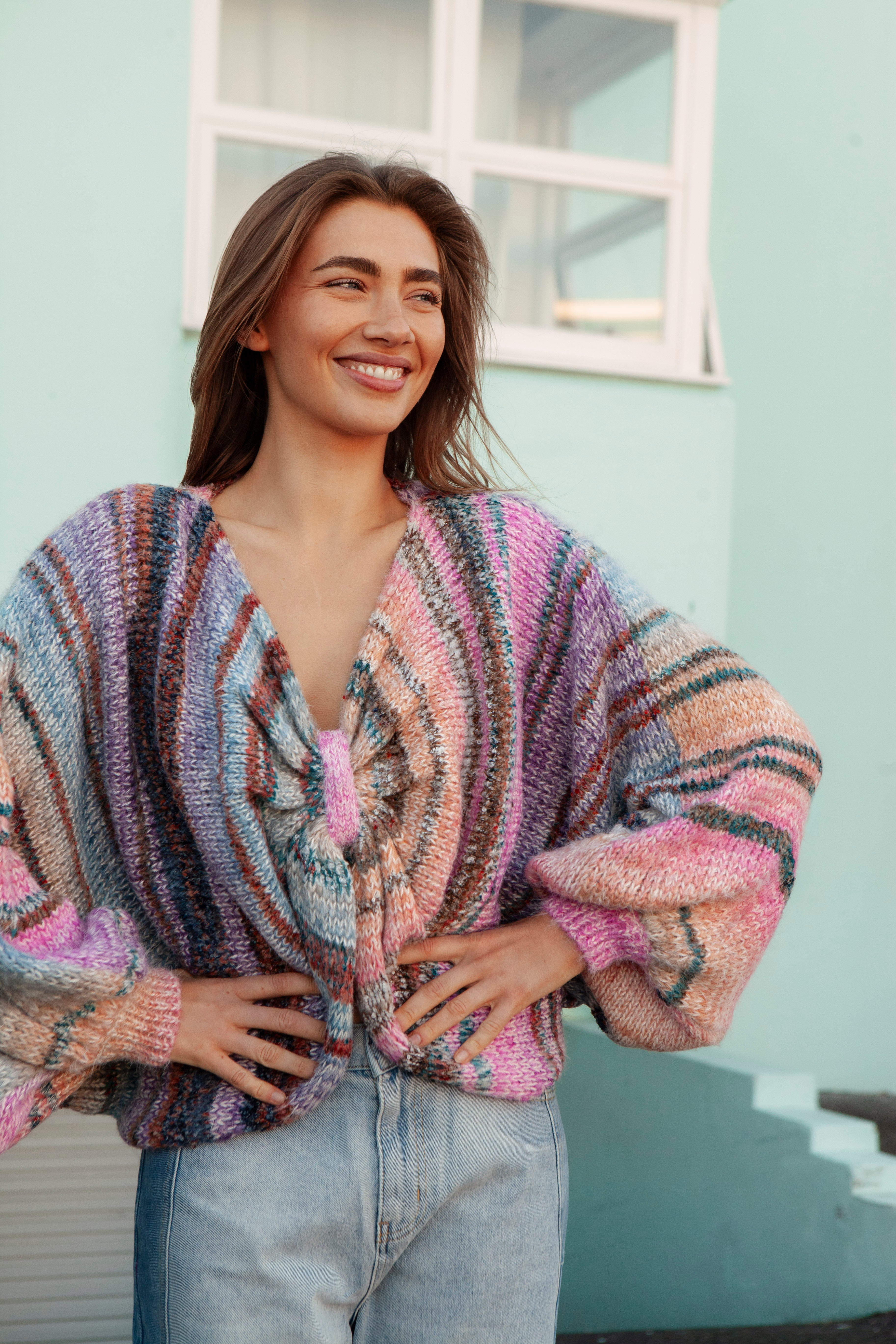 Sweet Escape Knit - multi-coloured sweater featuring knot at front and oversized style
