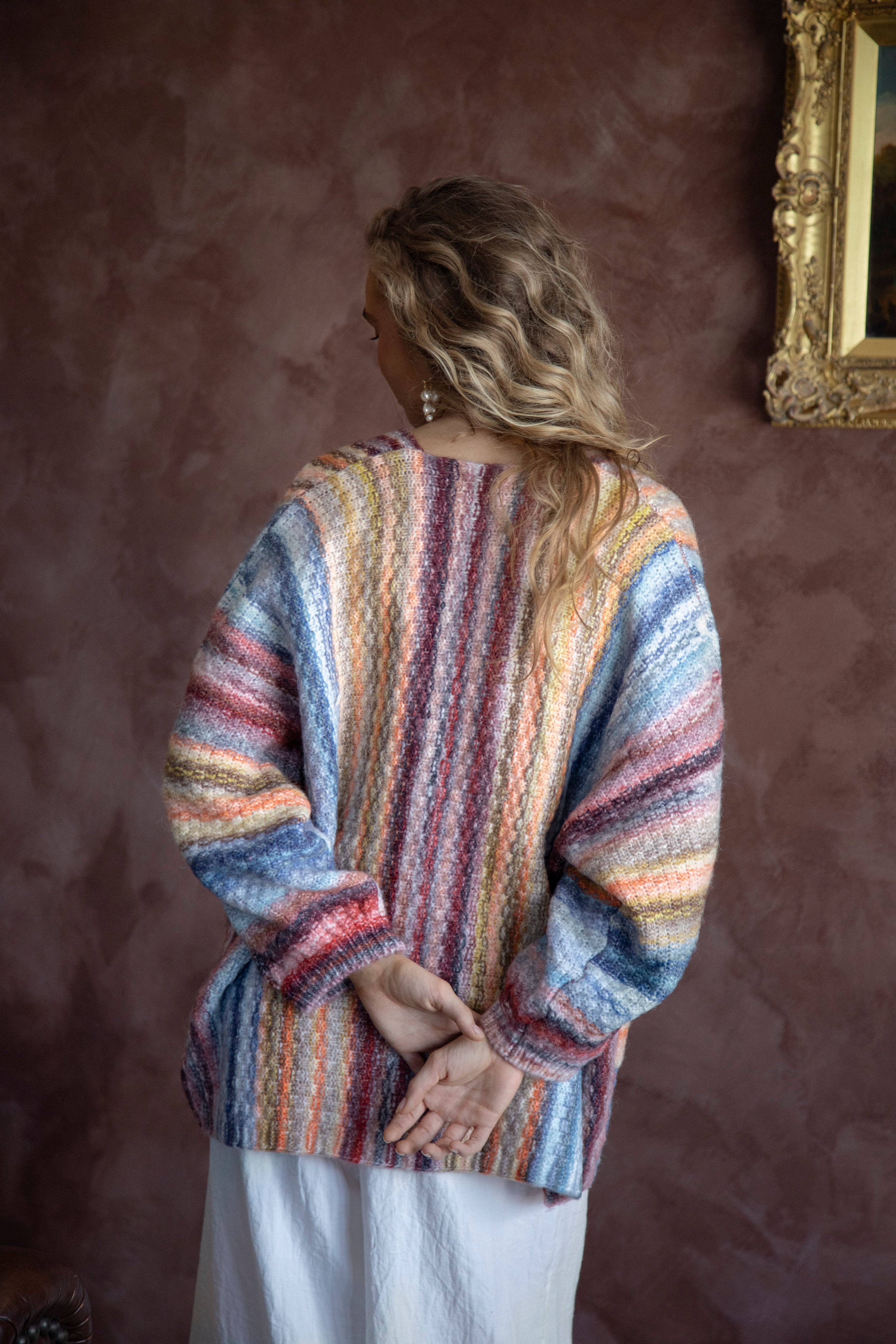 Sweetness Stripe Cardigan - rear view showcasing rainbow stripe pattern