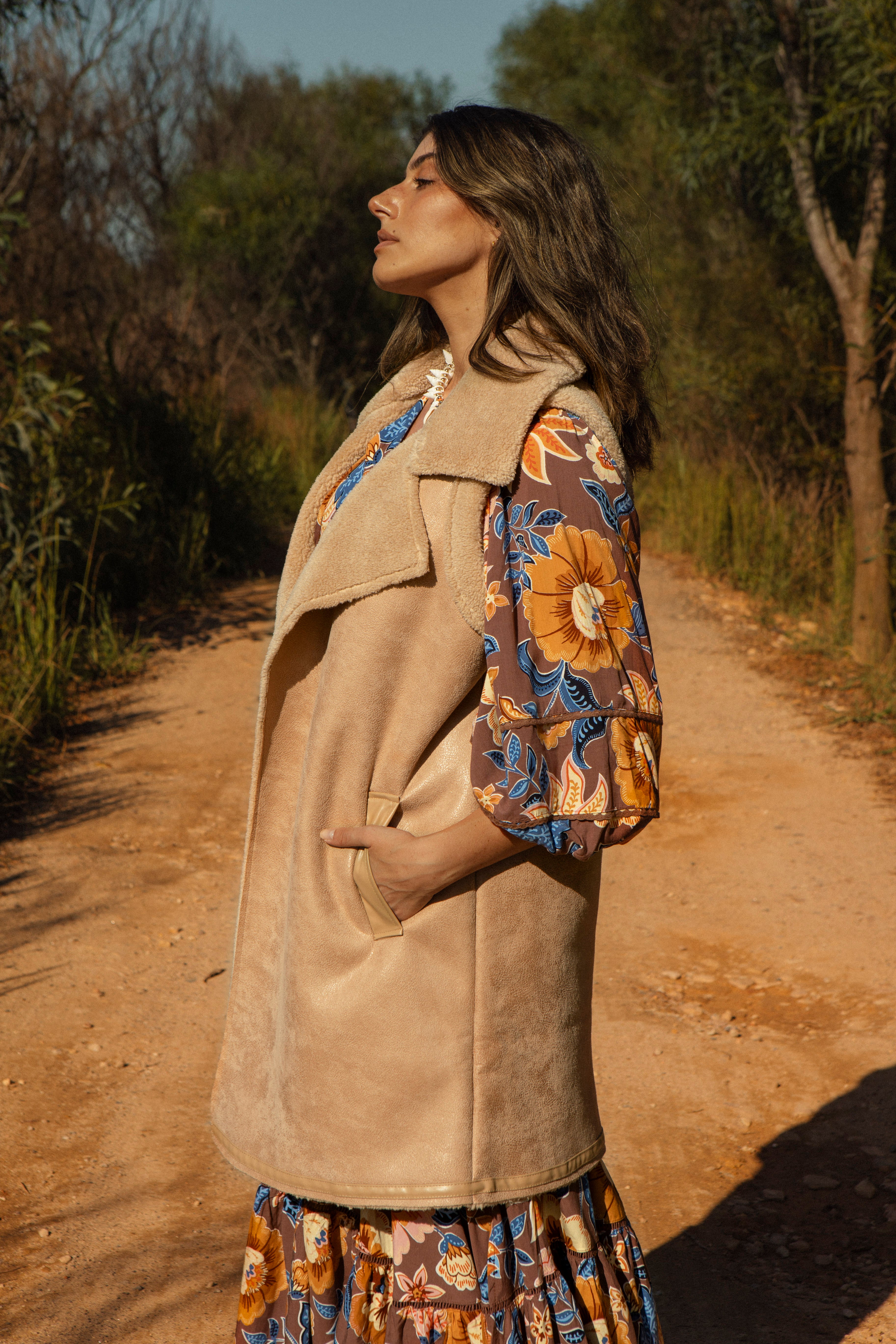 Teddy Vest - long line leather look vest in beige colour