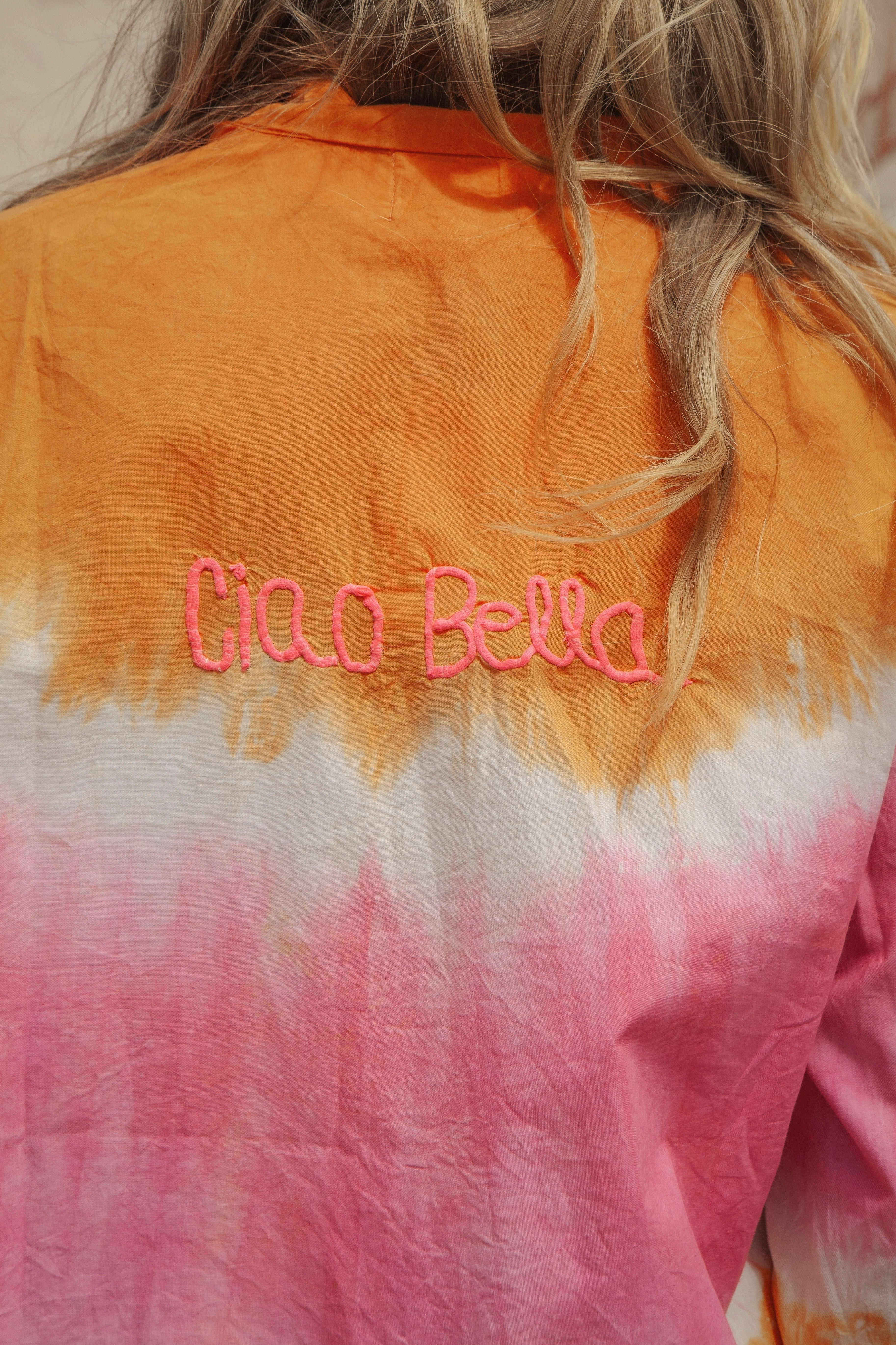 Tequila Sunrise Shirt showcasing 'Ciao Bella' embroidery on rear of shirt