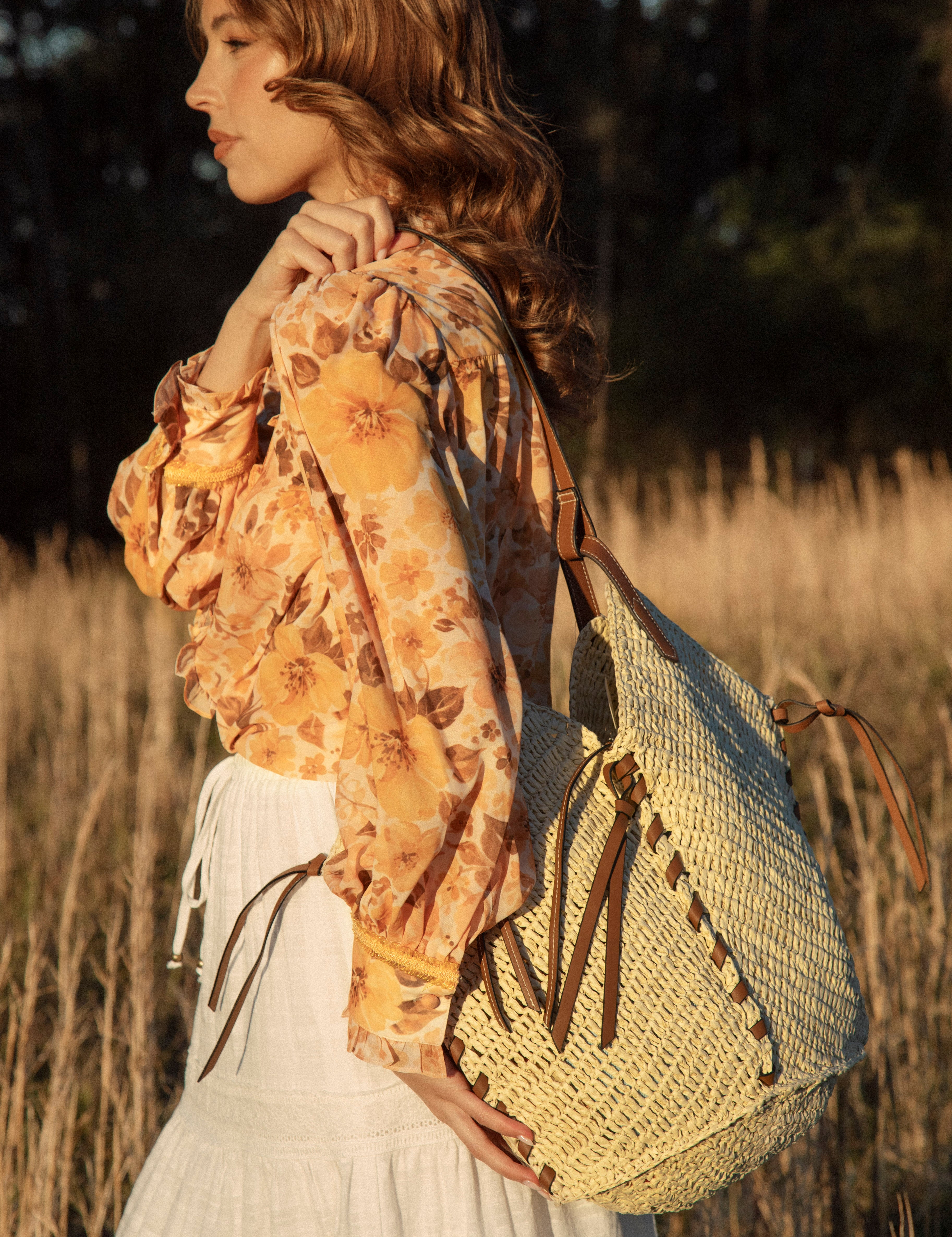 The Sunday Market Bag - natural woven bag with brown leather straps