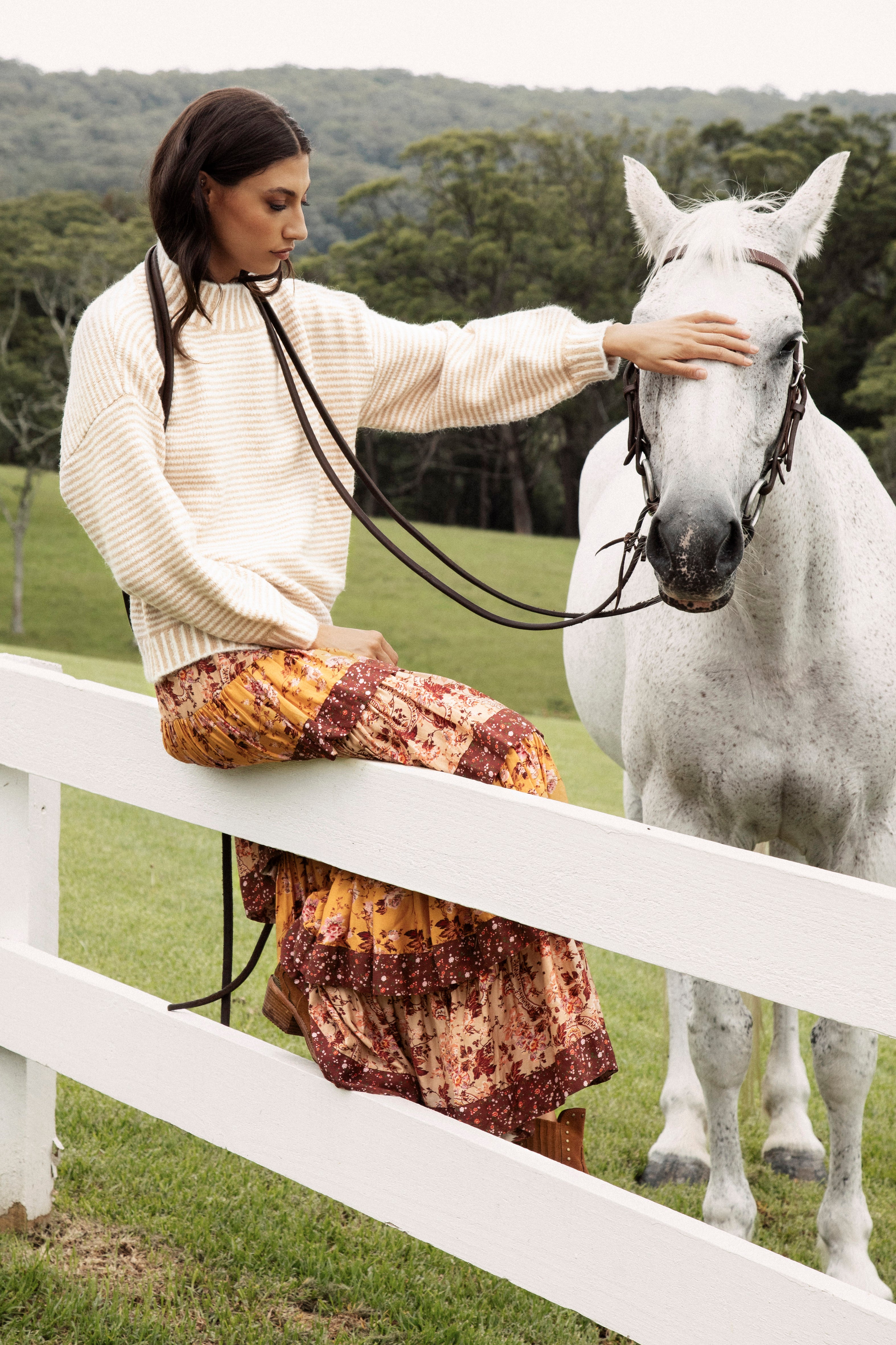 Tilly Knit Chai Stripe - long sleeve sweater with high neck and cosy fit.