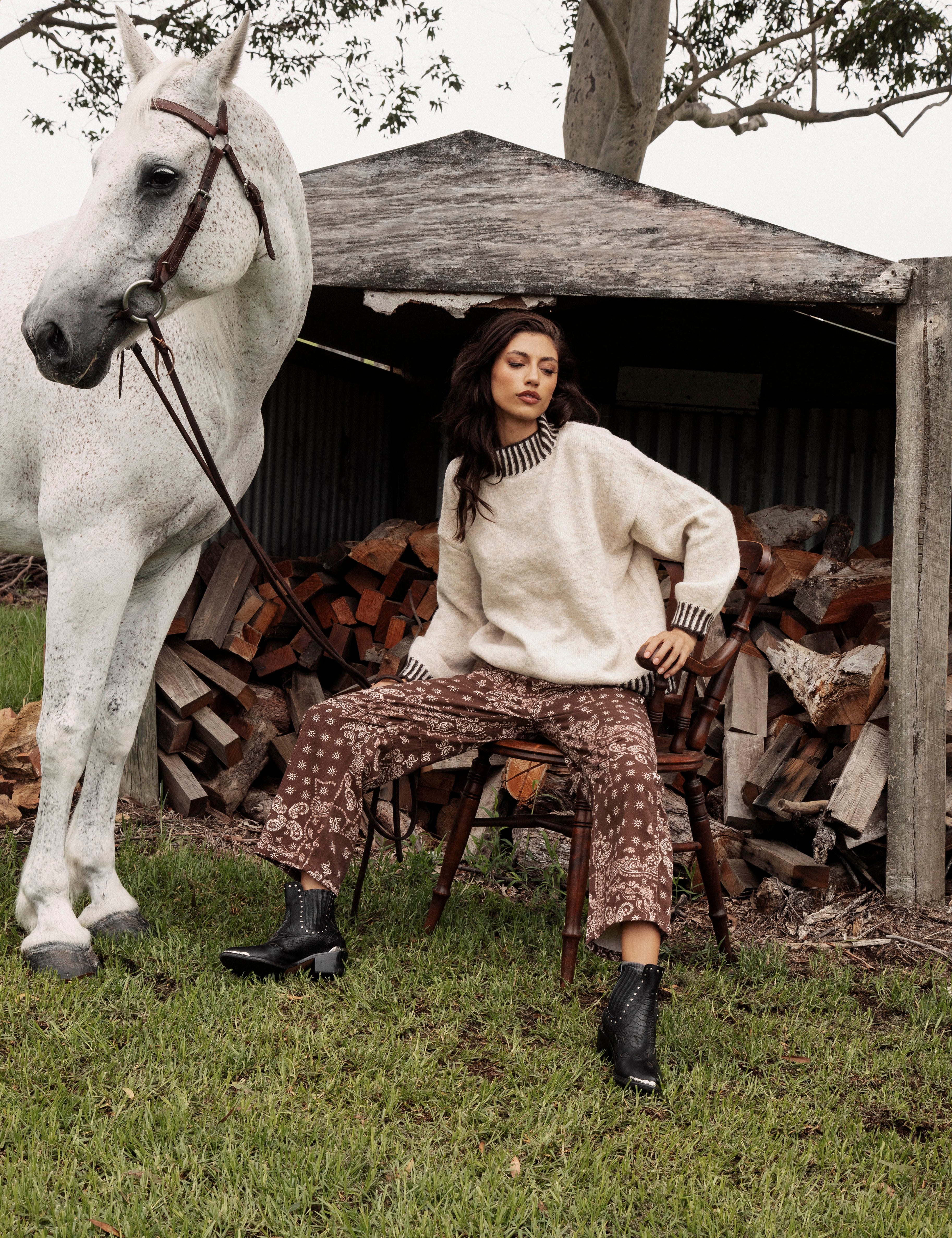 Tilly Knit Chocolate Stripe features cream colourway and contrasting trim