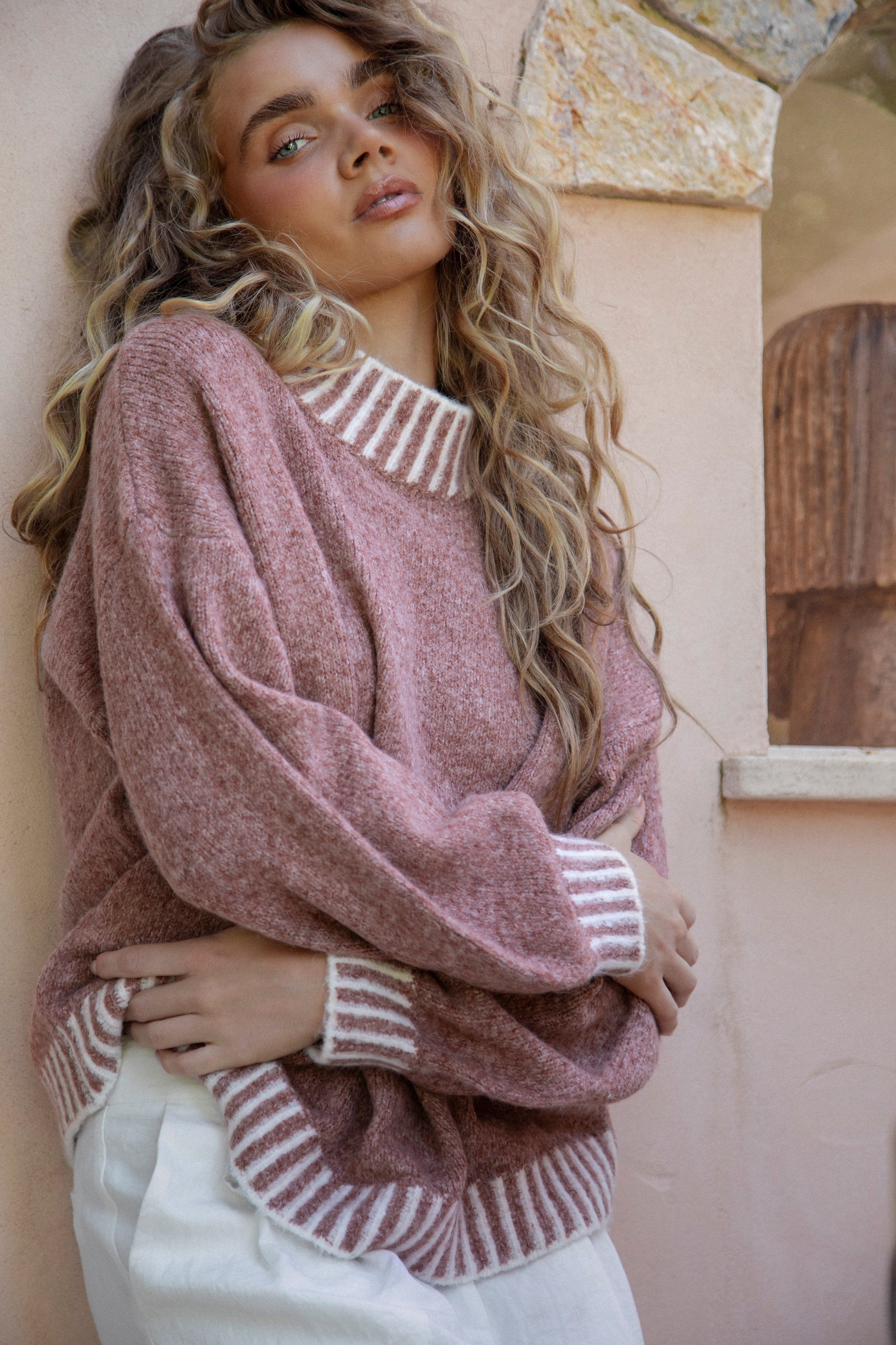 Tilly Knit Rose Gold cosy warm sweater in rose pink colourway with contrasting stitch at hem, neck and cuff