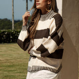 Tilly Knit Tobacco Stripe features brown and cream stripe pattern and statement  stitching and hem, neckline and cuff