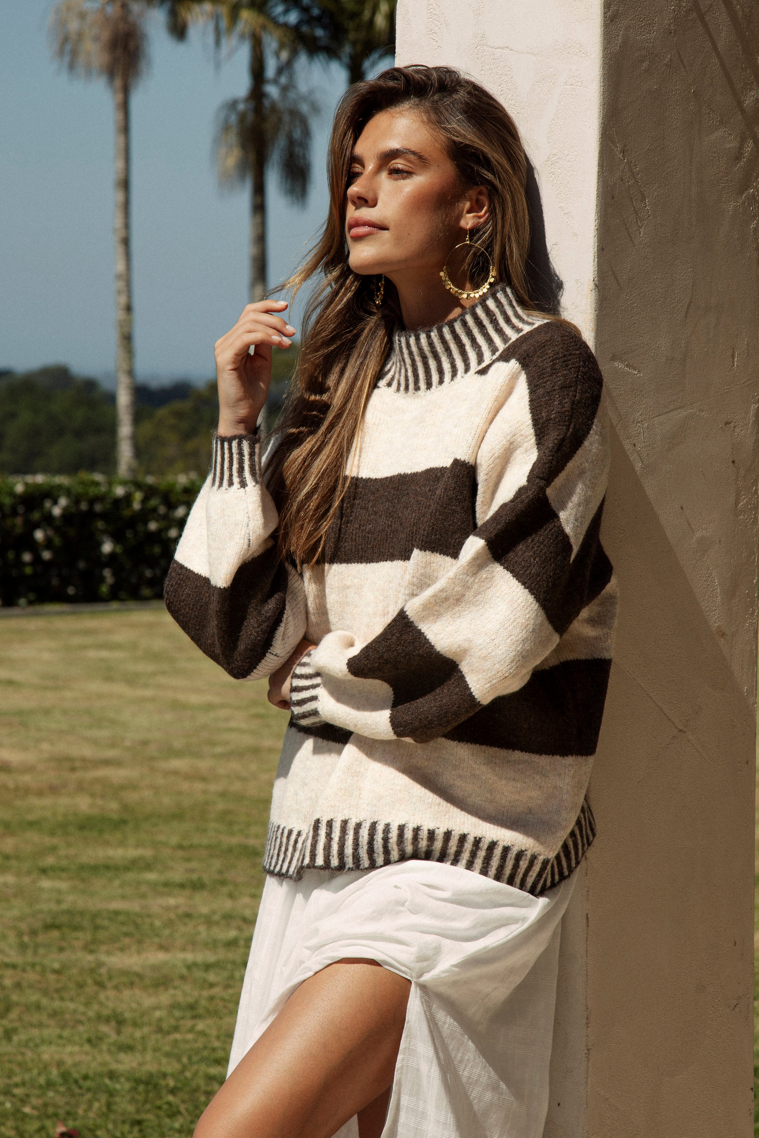 Tilly Knit Tobacco Stripe features brown and cream stripe pattern and statement  stitching and hem, neckline and cuff