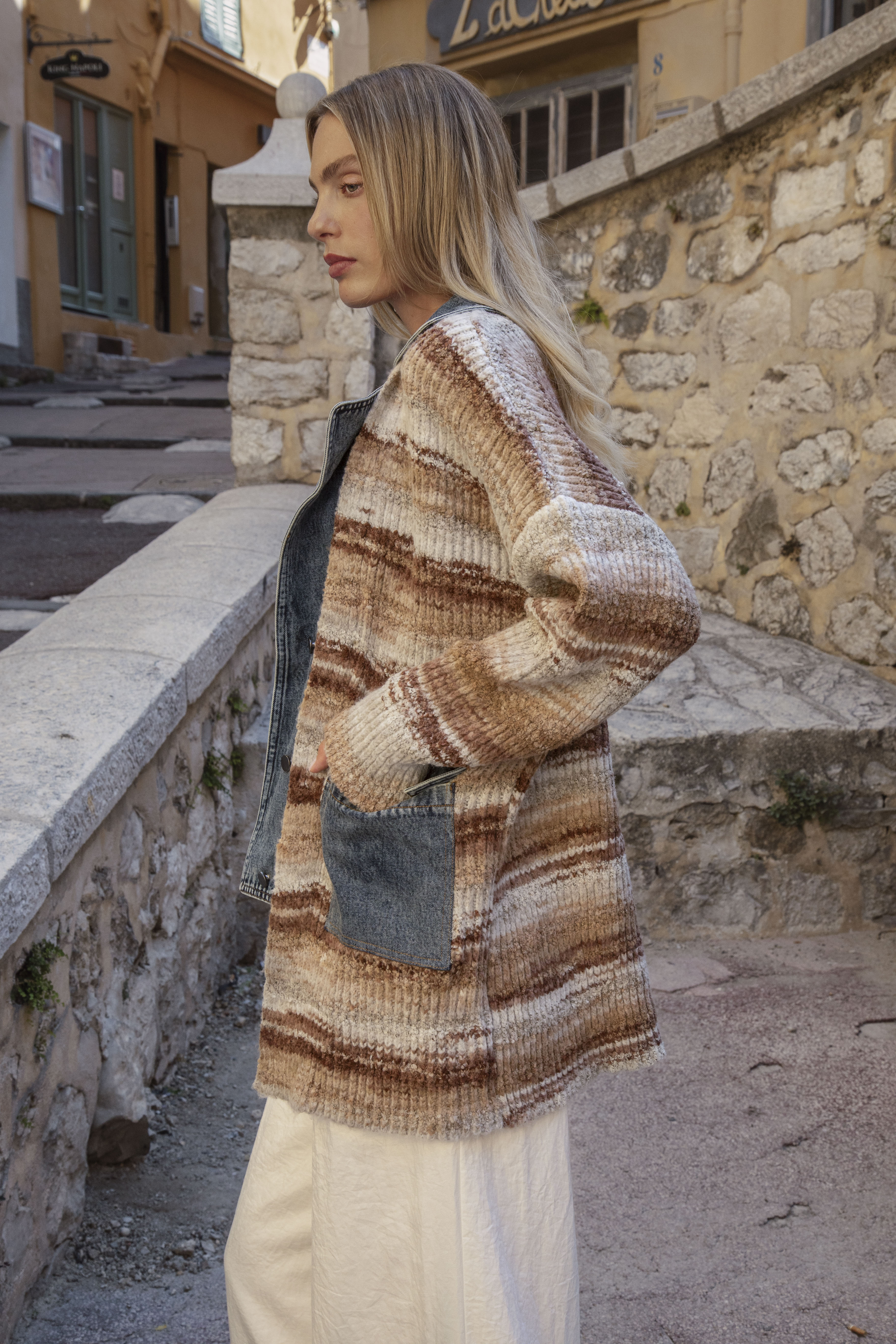 Toulouse Jacket - side view showcasing ombre stripe pattern in earthy tones and denim pockets