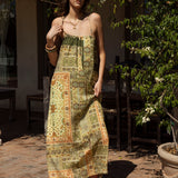 Tuscan Summer Sundress - sleeveless maxi dress in vintage inspired print in shades of green, brown and orange.